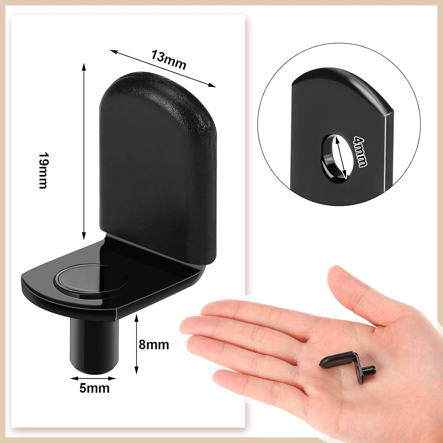 Zonon 150 Pcs 5mm Shelf Pins L-Shaped Shelf Support Pegs with Rubber Sleeves Cabinet Brackets for Bookcase Kitchen Furniture, Black
