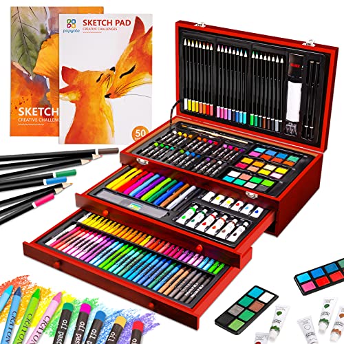 Art Supplies, 185 Piece Deluxe Wooden Art Set Professional Art Kits with 2 Sketch Books, Crayons, Oil Pastels, Colored…