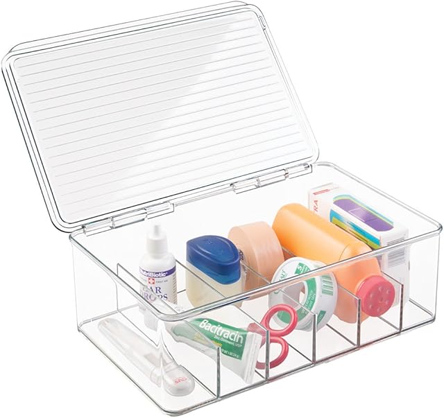 mDesign Storage Box Organiser for First Aid Kit, Medicine, Medical, Dental Supplies - 6 Compartments, Clear