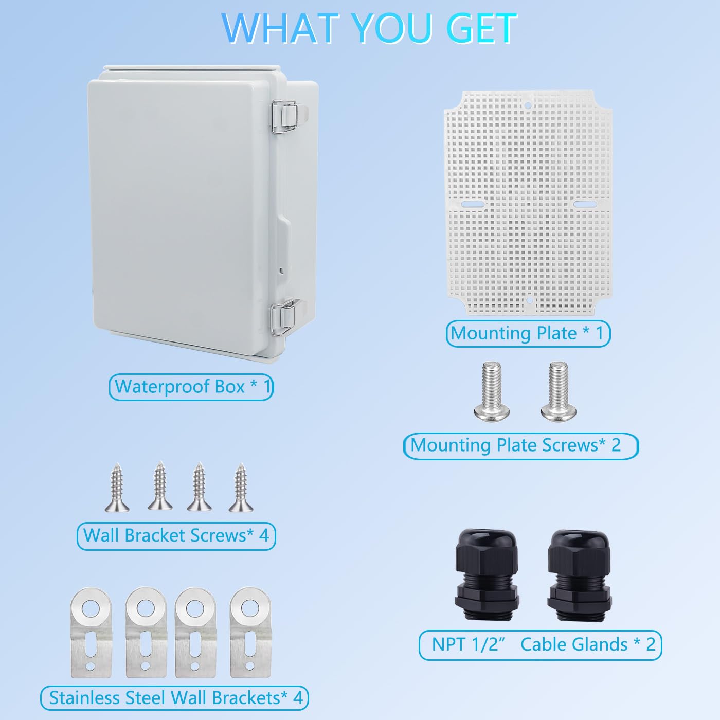 IP67 Waterproof Junction Box, ABS Plastic Electrical Enclosure with Stainless Steel Latch, Hinged Cover Electric Box with Mounting Plate, Wall Brackets & Cable Glands 210x160x100