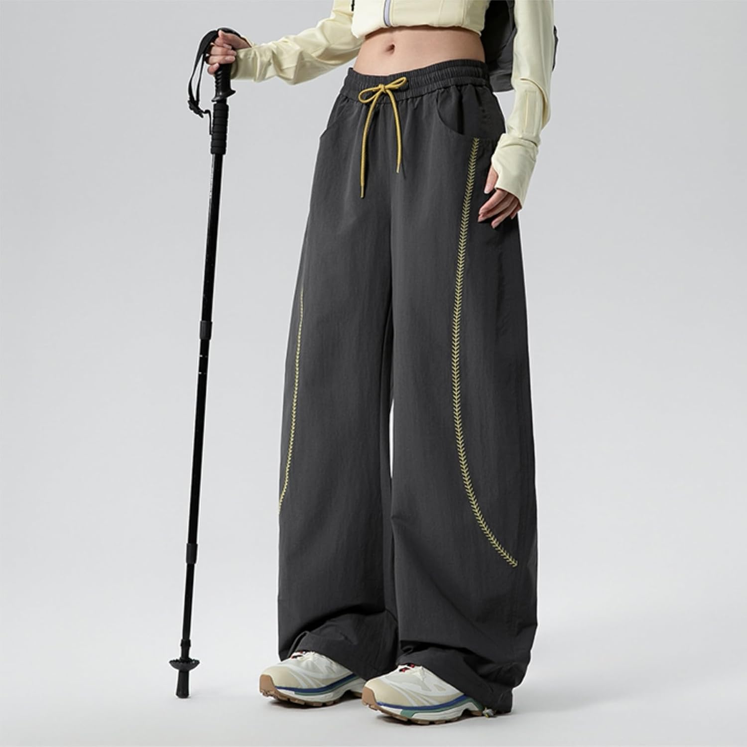 FEOYA Lightweight Parachute Pants Women Hip Hop Dance Streetwear | Loose,Quick Drying,Embroidered Leaf,Foot Drawstring