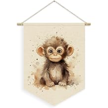 Nursery Decor, Monkey Wild Animal Linen Canvas Banner, Monkey Safari Nursery Wall Hanging Pennant Flag Banner for Kids Toddler Room Bedroom Playroom Decor, 15x11in