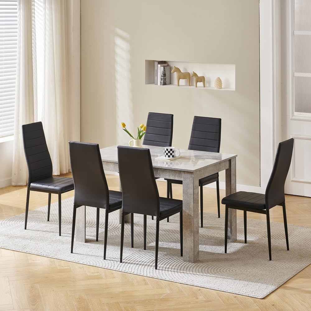 Menaka Wood Dining Table and Chairs Set of 4, Small Rectangular Kitchen Dinner Table with 4 Seaters (line black leather chairs, 120m high gloss grey marble table, 6 seaters)