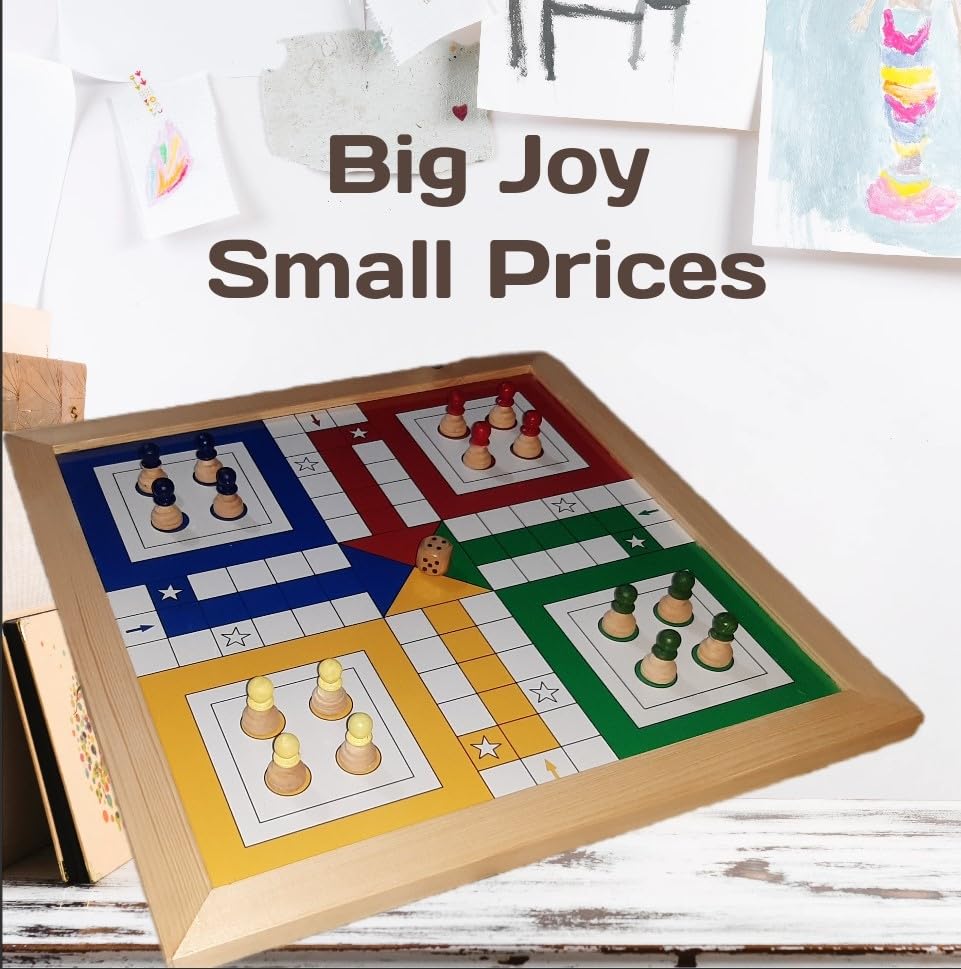 Image of CHECK BOX Handicrafts | Wood Framed Ludo Board Game Big Size with Wooden Megnatic Multicolor Coins & Wooden Dice (Laminated Glass Finish) (18x18 Inches, 2, Count)