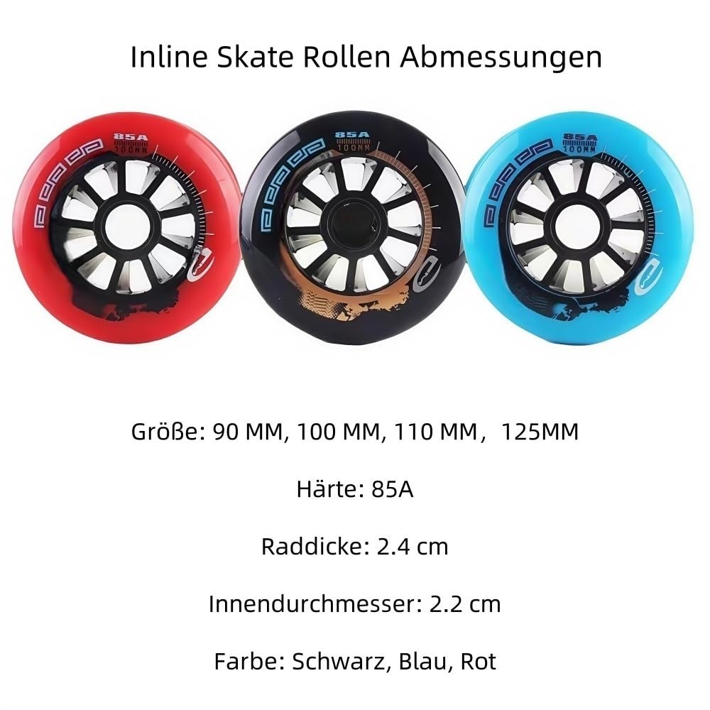 6er Pack Inline Skate Ersatzrollen Mit Lagern 85A PU Material Verschleißfest, leise Geschwindigkeit und Griffigkeit Geeignet für Asphalt und Beton(Schwarz,125mm)