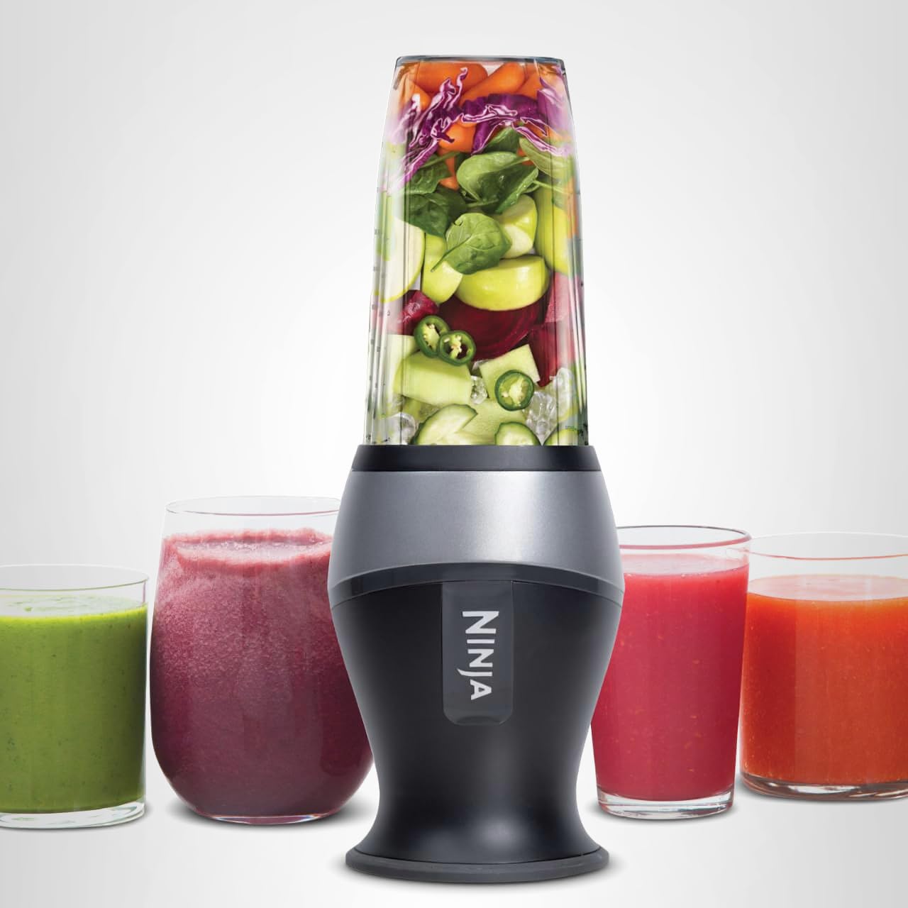 Ninja BN301 Nutri-Blender Plus Compact Personal Blender, 900-Peak-Watt Motor, Frozen Drinks, Smoothies, Sauces & More, (3) 20 oz. To-Go Cups, (2) Spout-Lids (1) Storage-Lid, Dishwasher Safe, Silver: Push to blend