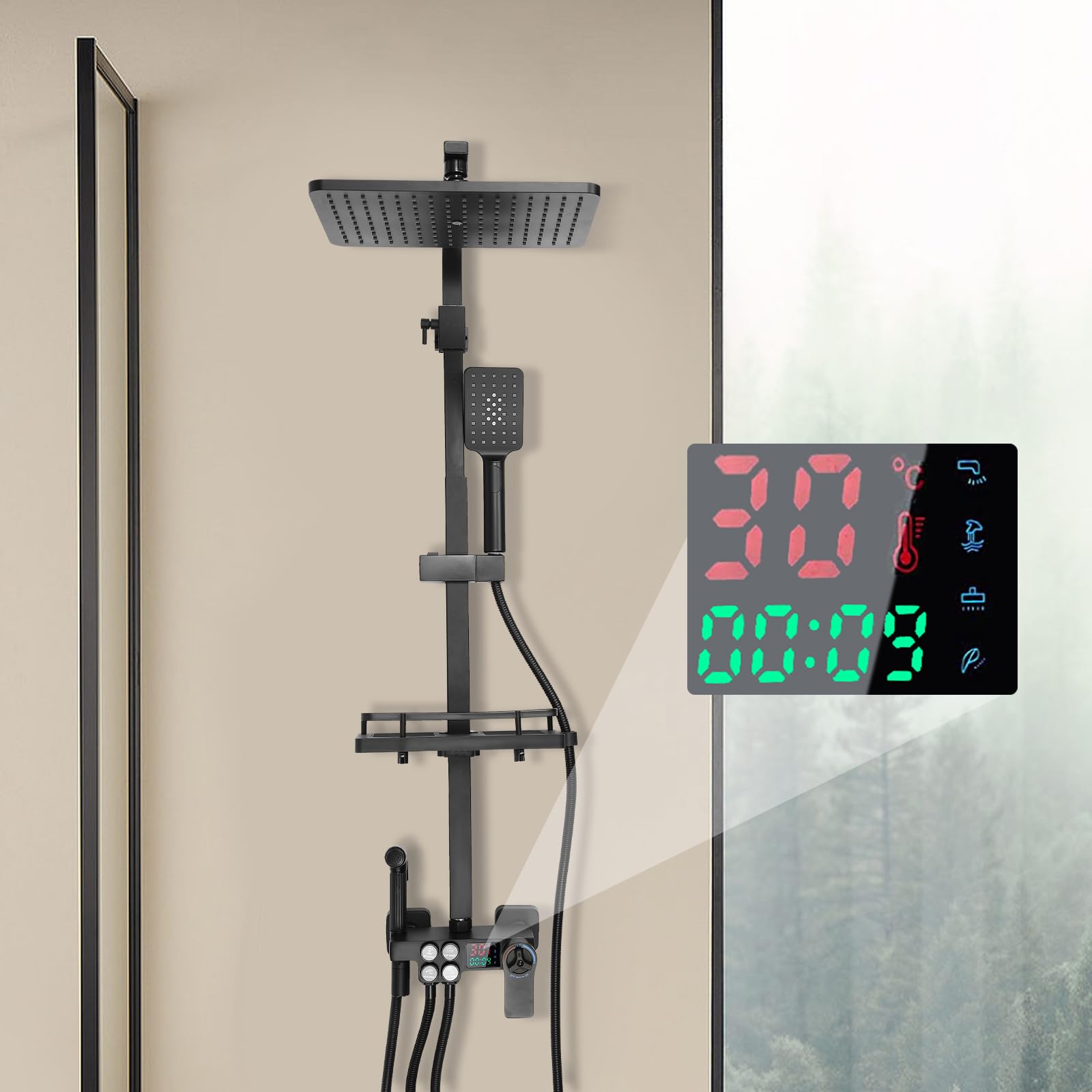 Zestaw prysznicowy z deszczownicą, zestaw prysznicowy z głowicą prysznicową, termostatyczny system prysznicowy, kolumna prysznicowa, ze stali nierdzewnej, wielofunkcyjna, 73-116 cm, regulowany stan
