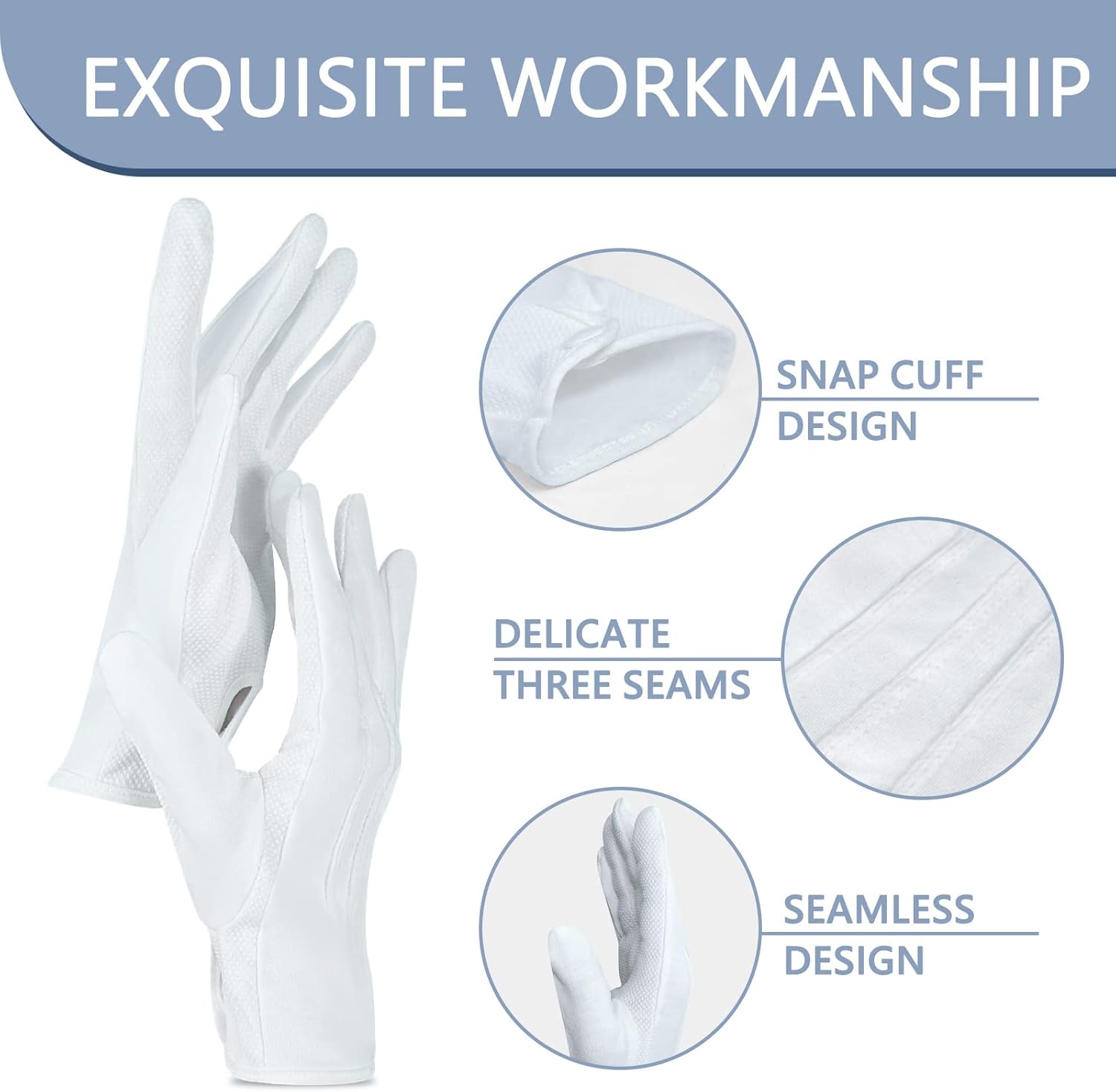 Beaded Parade Cotton Gloves for Women and Men With Grip - Non-Slip Costume Uniform Police Gloves With Snap Cuff