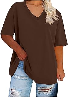 Camiseta para mujer, tallas grandes, básica, verano, manga corta, cuello en V, blusa monocolor, camiseta larga, holgada, cómoda, informal, versátil