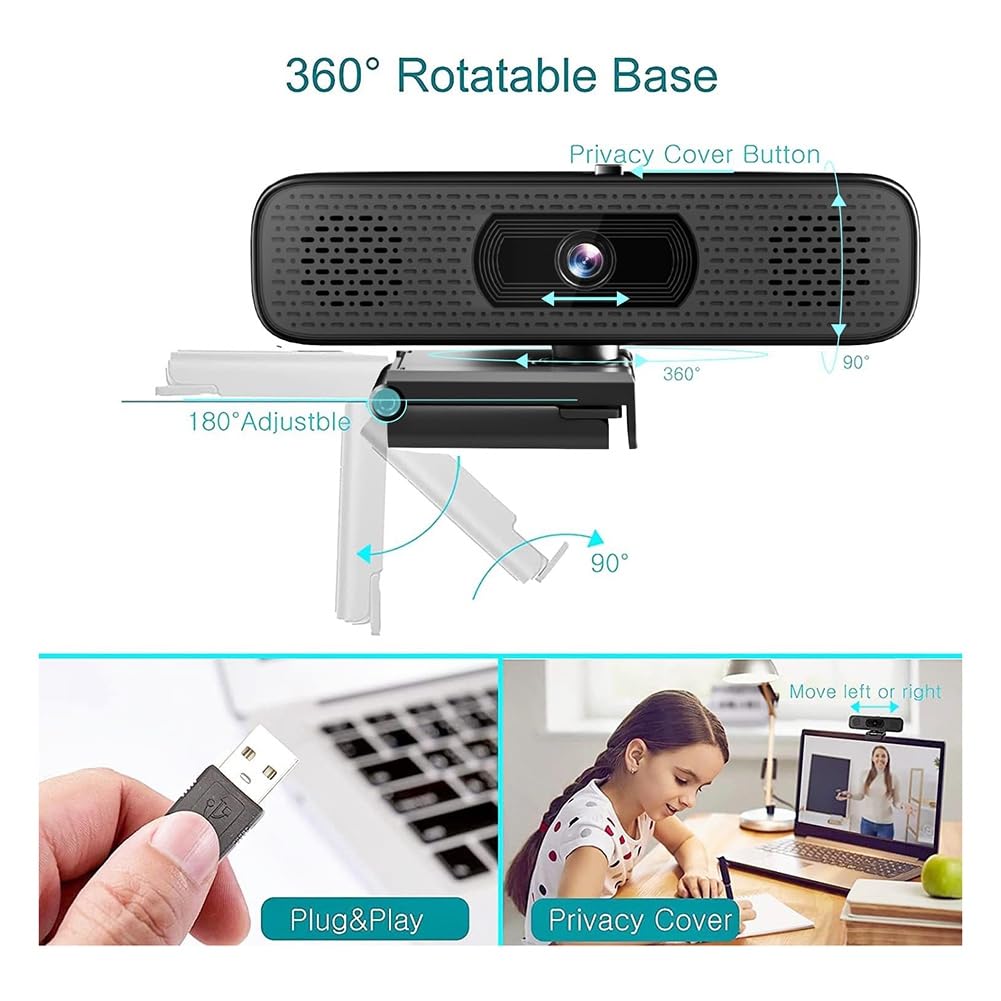 Webcam 2K HD compatible con ordenador de sobremesa y portátil, equipada con micrófono integrado, 2 altavoces, cámara USB para videoconferencias.