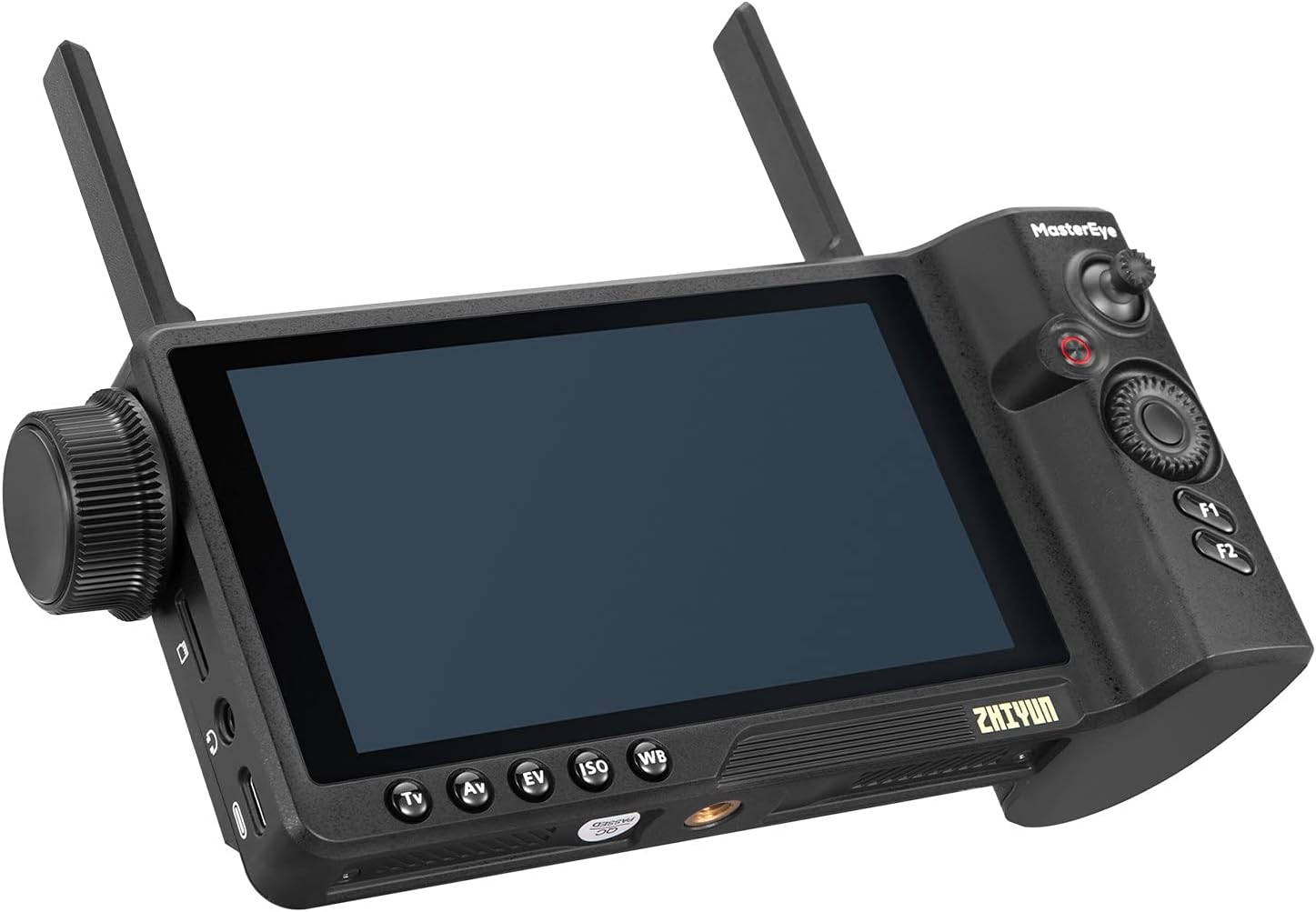 Angled view of Zhiyun MasterEye VC100 showing screen and side controls