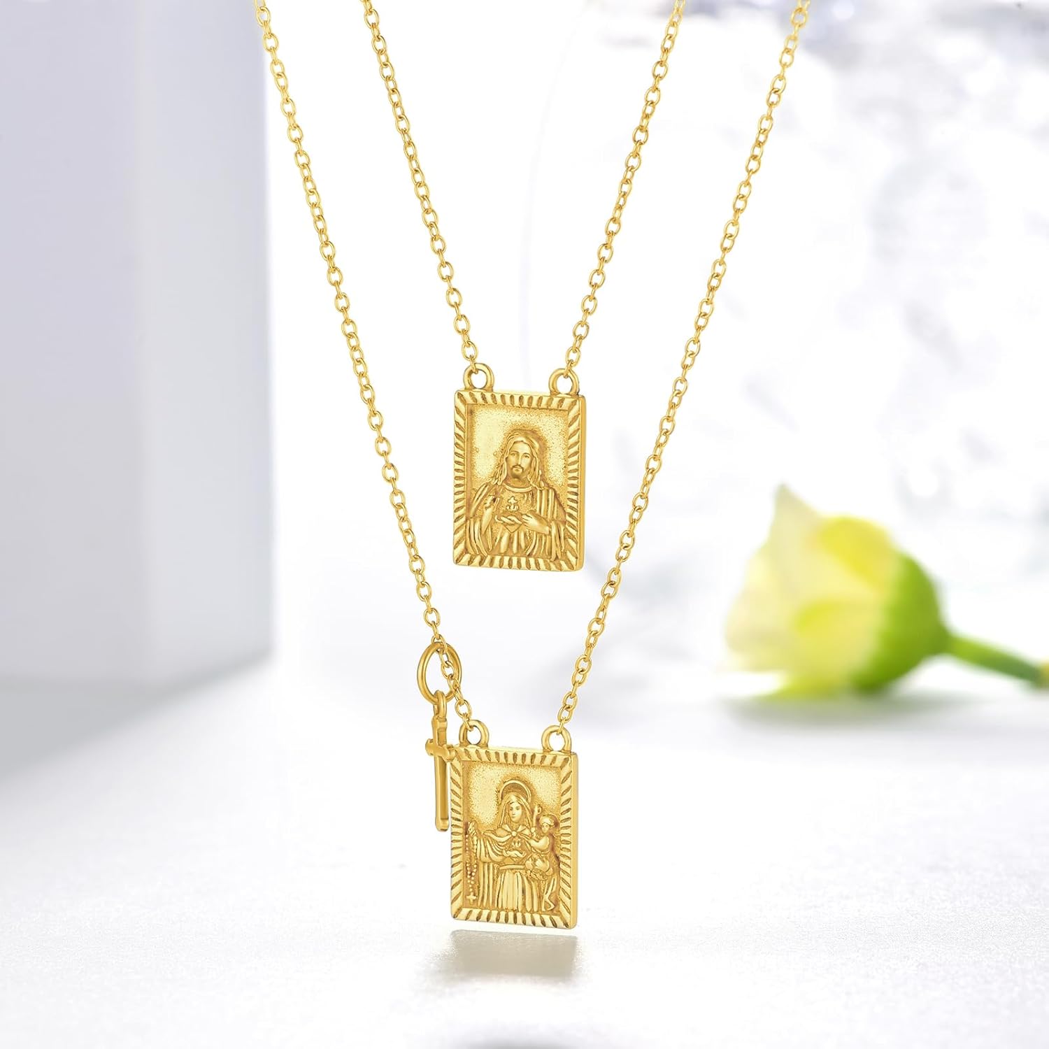 Scapulars Catholic Necklace for Women 925 Sterling Silver Pendant with Stainless Steel Chain Escapularios Catolicos Jewelry with Sacred Heart of Jesus Escapulario De La Virgen Del Carmen (Gold)