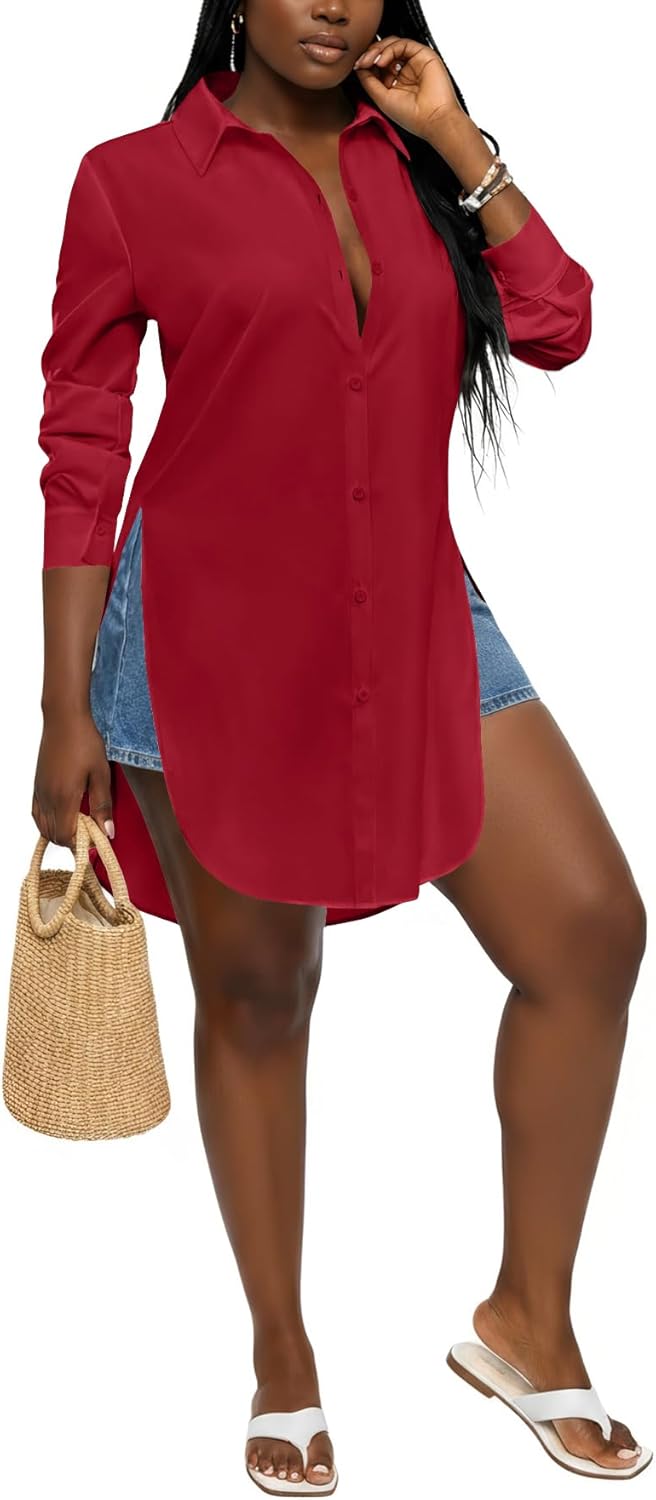 LYANER Women's Collar V Neck Button Front Long Sleeve Slit Hem Long Shirt Blouse Top