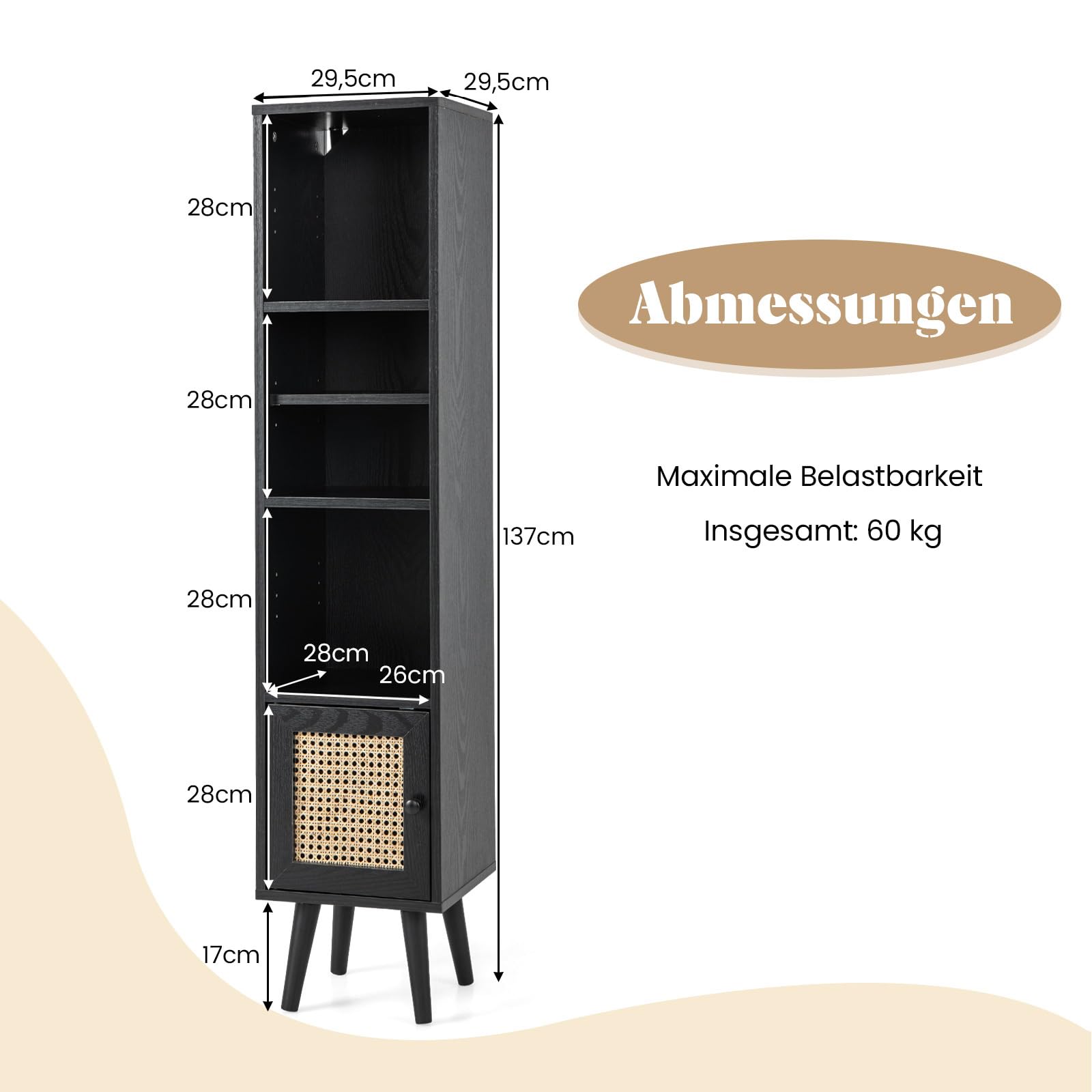 COSTWAY Hoge kast rotan, badkamerkast met 4 planken, houten poten en rotandeur, commode smal, boekenkast, boho houten kast 29,5 x 29,5 x 137 cm (zwart