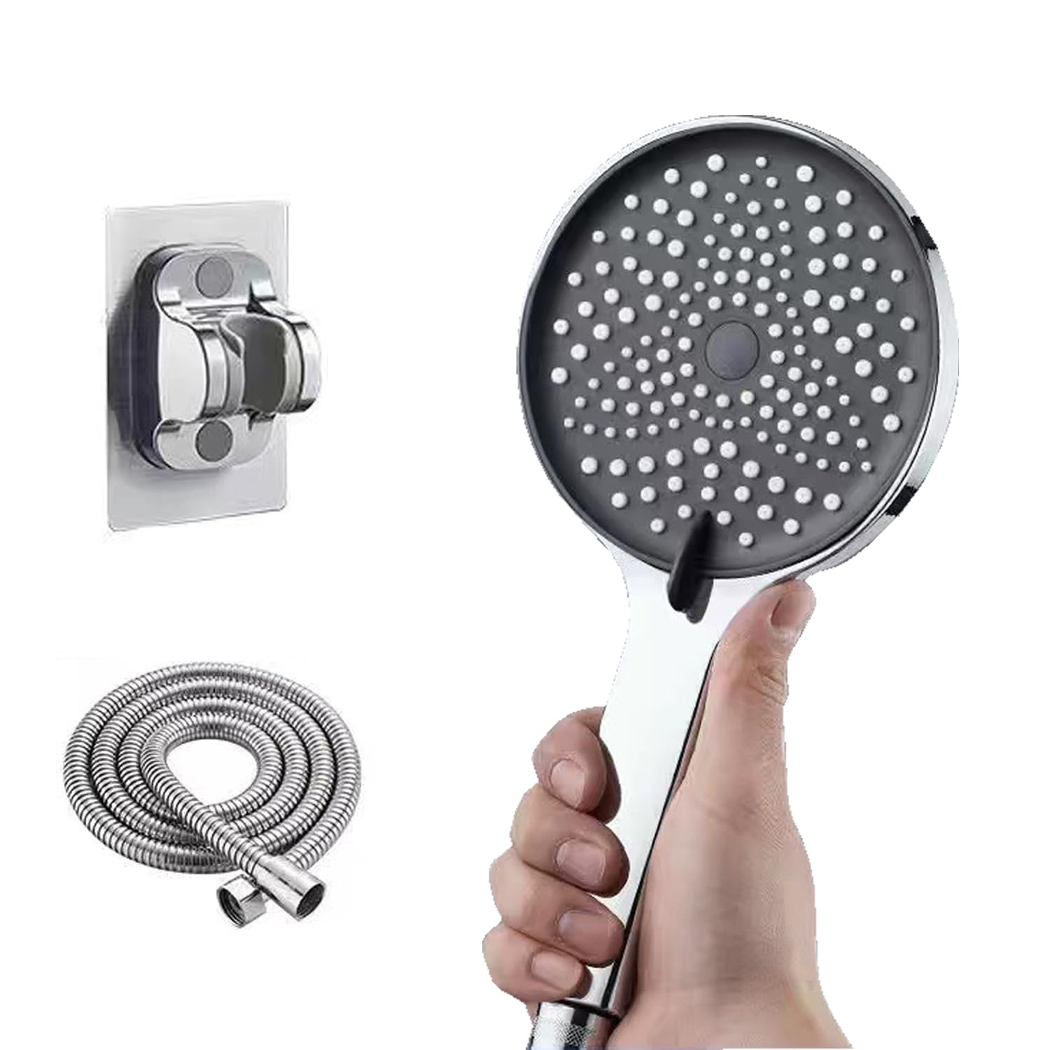 Handheld Shower Head Set with 3 Modes Spray Settings, Premium ABS Shower Head with 150cm Stainless Steel Shower Hose & Strong Self Adhesive Rack. (Silvery)