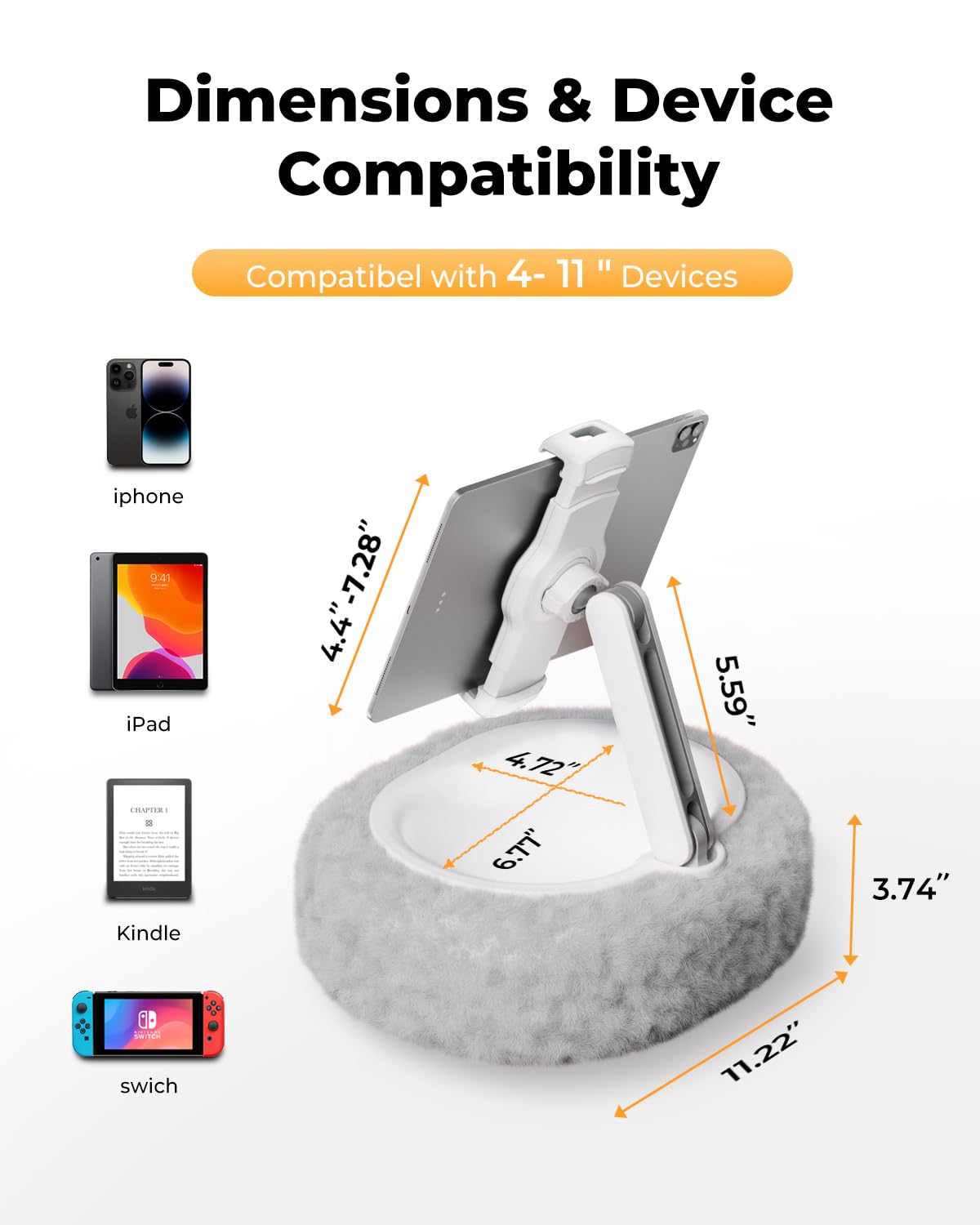 SupeDesk Kindle Pillow Stand - Soft Grey Fuzzy Tablet Holder with Storage Bowl, Hands-Free Lap Stand for Bed Couch - Compatible with Kindle, iPad, Phones & E-Readers (Gray)