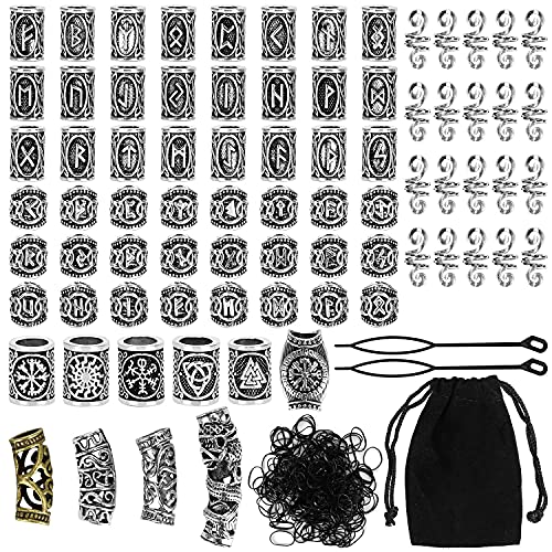 Queta 80 Runeperlen Set mit 300 Gummibänder Wikinger Bart Perlen Antik DIY Haar Bartperlen Nordische Haarschmuck Flechten Armband Anhänger Halskette Afrikanische Perlen Keramik