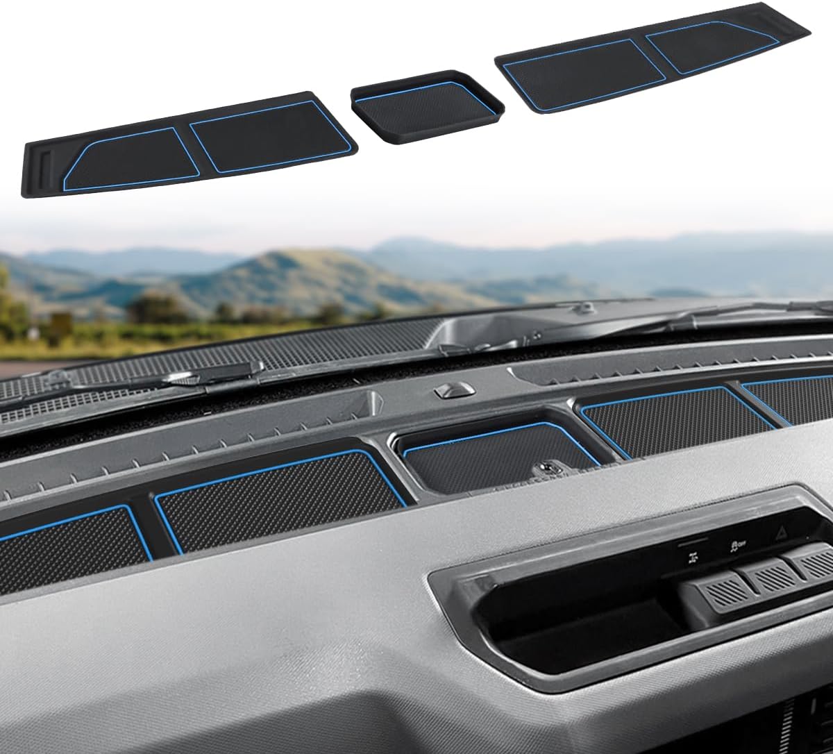 Auovo Dash Cover Tray Compatible with Ford Bronco Accessories 2021 2022 2023 2024 2025 2026 Bronco Silicone Dashboard Mat fit Bronco 2/4-Door Interior Dash Pad Liners 3-pc Set (Blue Trim)
