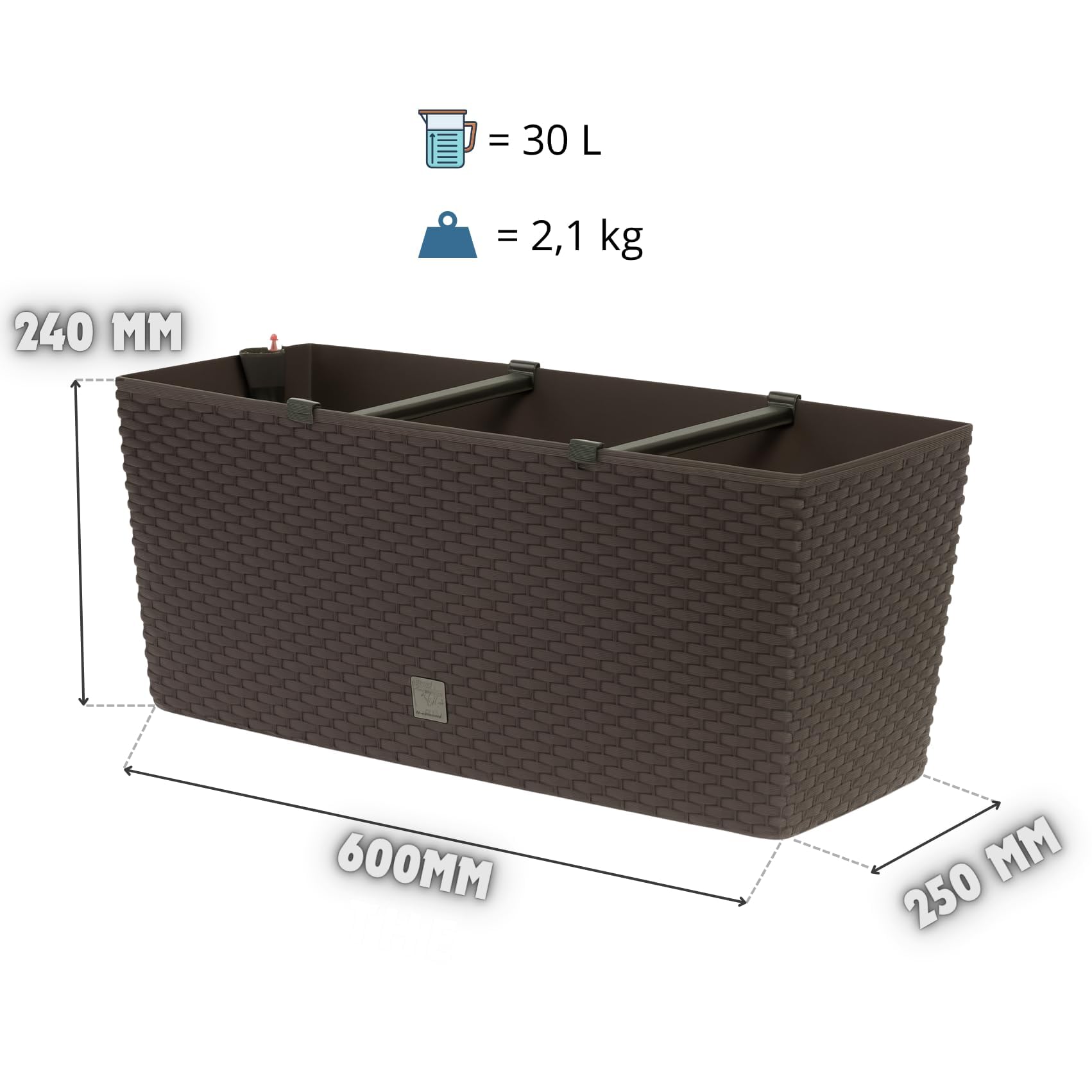 BirnePower Jardinière de Balcon avec Système d'Irrigation, Bac à Plantes Rectangulaire Aspect Rotin, Réservoir d'eau et Indicateur de Niveau, Résistant aux UV, 60 cm, Anthracite