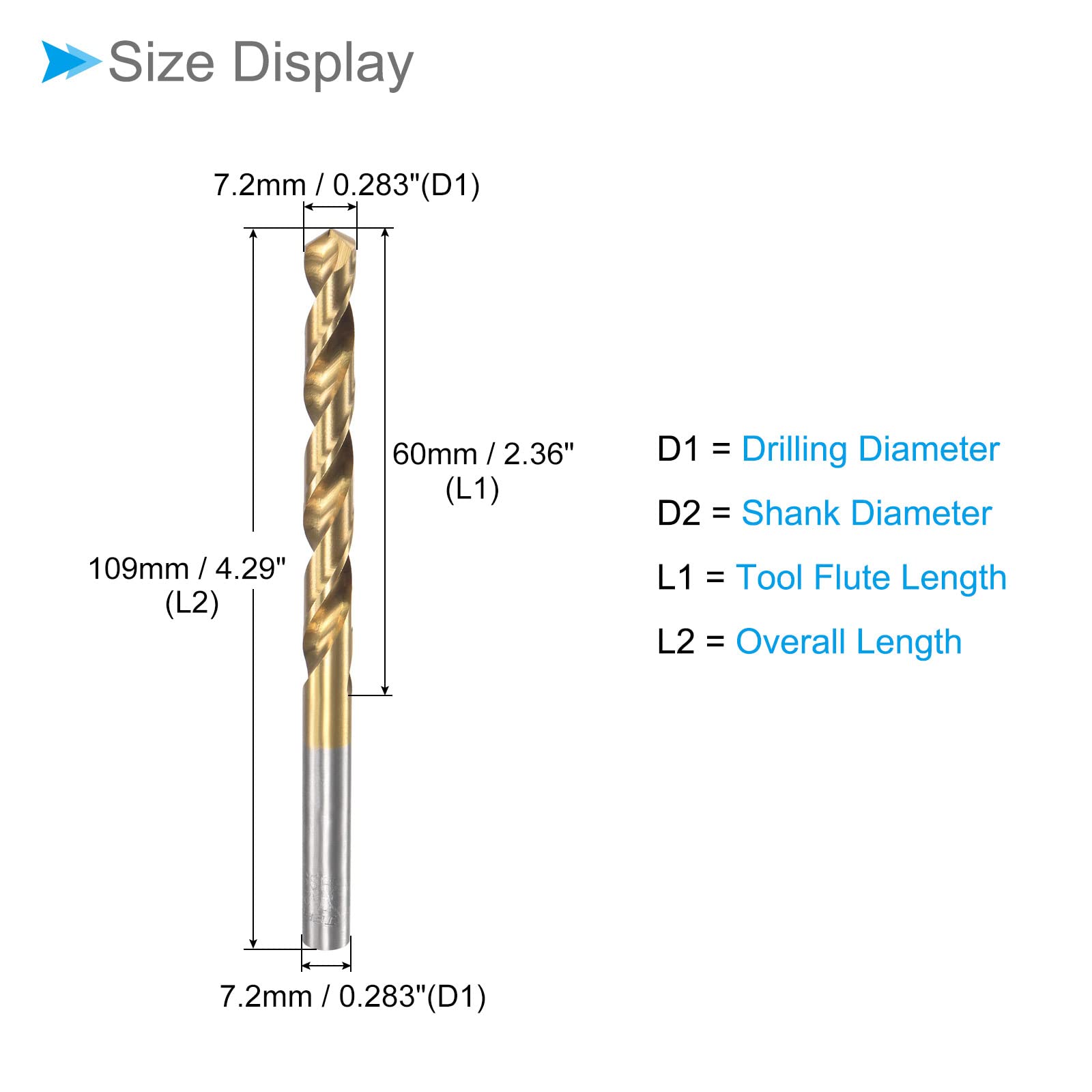 CoCud Twist Drill Bits, 7.2mm Drilling Diameter, Titanium Coated High Speed Steel 6542 Straight Round Shank - Image 2