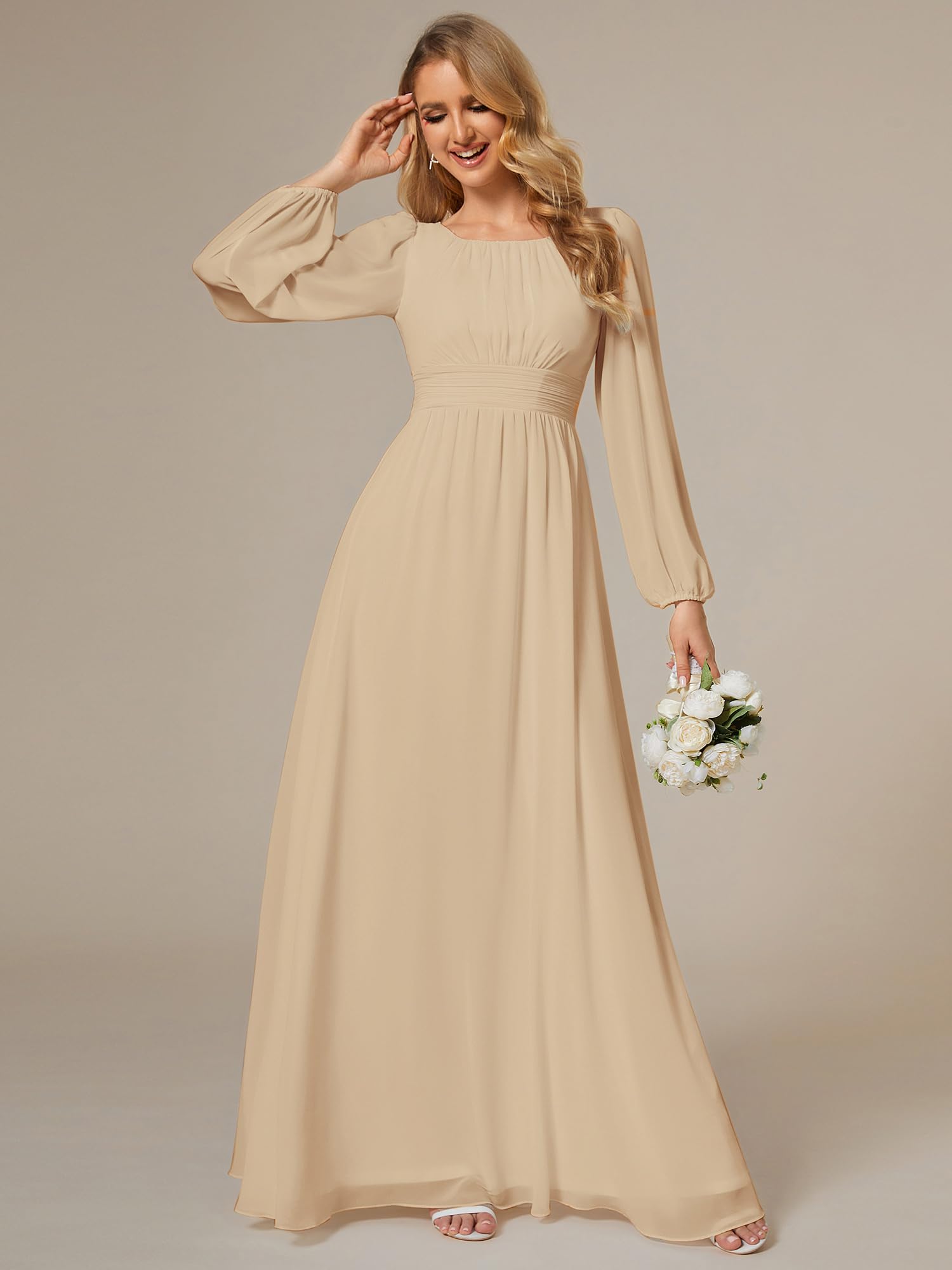Ever-Pretty Robe Demoiselle d'honneur Femme Longue Manches Longues Col Rond Mousseline Chic Champagne 48