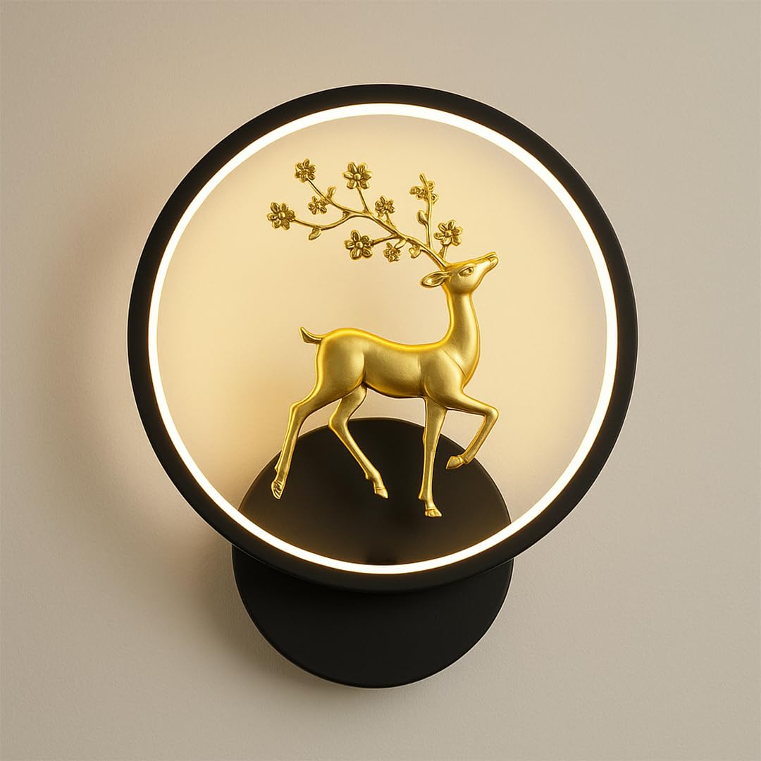 fizzytech Round LED Wall Light with Golden Deer Decor – 4 Color Modes, Creative Flush Mount Wall Lamp for Bedroom, Living Room, Hallway & Interior Décor | Energy-Efficient Wall Sconce