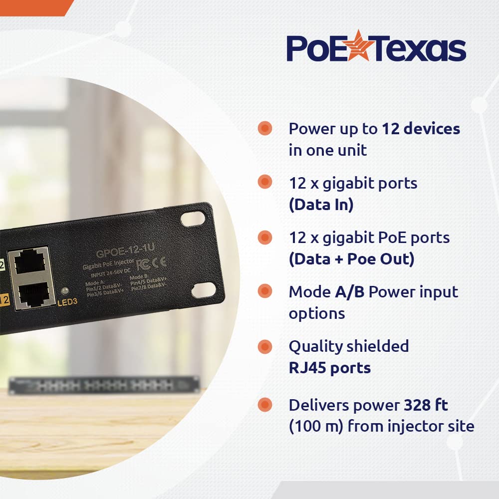 Injecteur Gigabit Poe WS-GPOE-12-1U - 12 Ports d'alimentation sur Ethernet avec RJ45 blindé - Alimentation Disponible séparément, utilisez Une ou Deux Blocs d'alimentation de 24, 48 ou 56 V