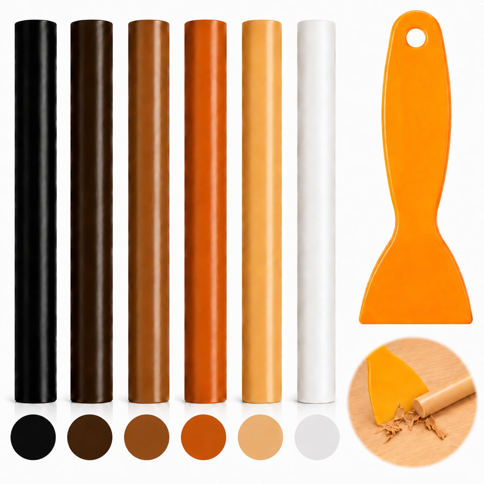 Wood Filler Wax, for Furniture Use, 6 Pieces Wood Wax Sticks, 11×1.2cm Multi Color Repair Kit with Shovel, for Cabinets Floors Doors and Table Surface Touch Up