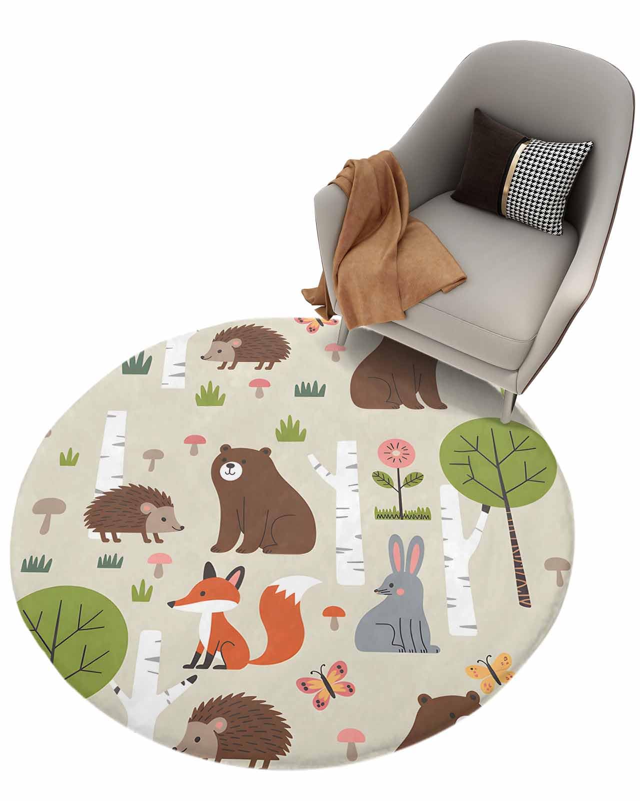 Shag Area Rug, 5ft Indoor Round Area Rugs- Cartoon Bunny Bear Fox Animal Forest Shaggy Carpet Nursery Rug for Kids Baby Bedroom Living Room Home Decor