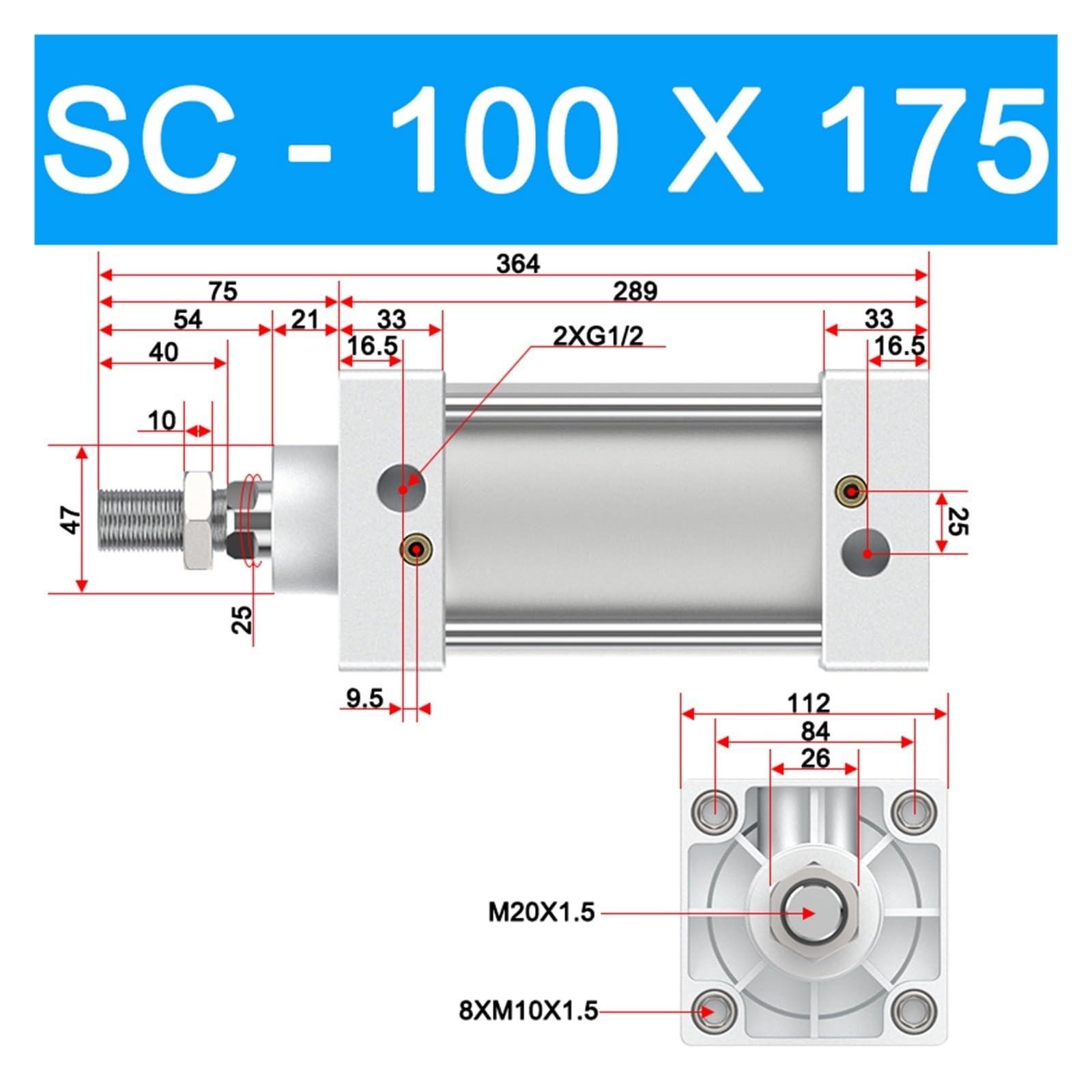 DEBLAN Cilindro estándar de Alto Empuje de Carrer Larga neumático SC100 * 175 Carrer 175 mm de Empuje 314 KG Actuadores neumáticos for automatización Industrial Movimiento Lineal