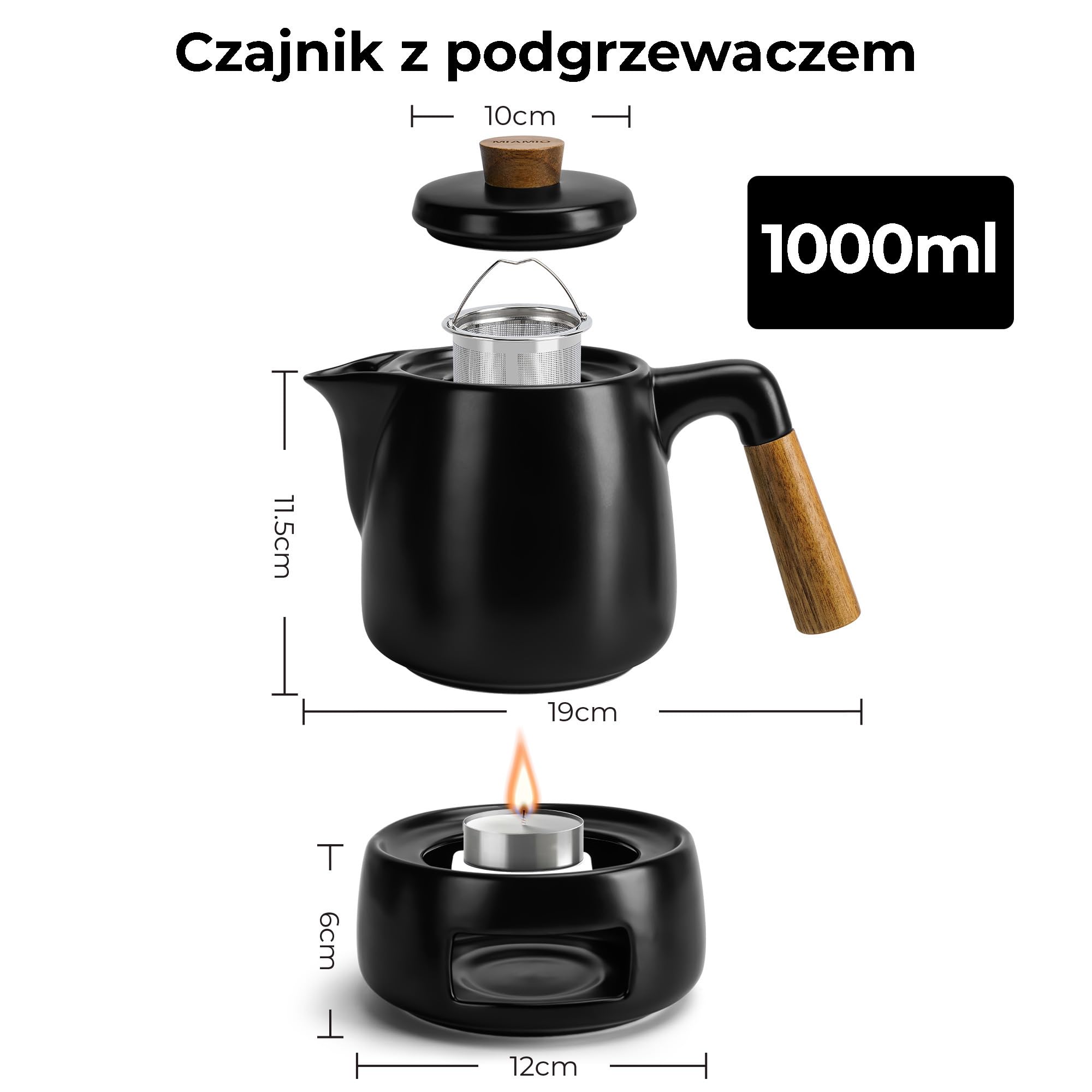 MIAMIO - Zestaw Czajników z Podgrzewaczem / 1L / Czajnik do Herbaty 1000 ml z Zaparzaczem do Luźnych Liści - Prezent dla Kobiet/Miłośników Herbaty (Czarny) | Z sitkiem, 1 czajniczek, wykonany z ceramiki