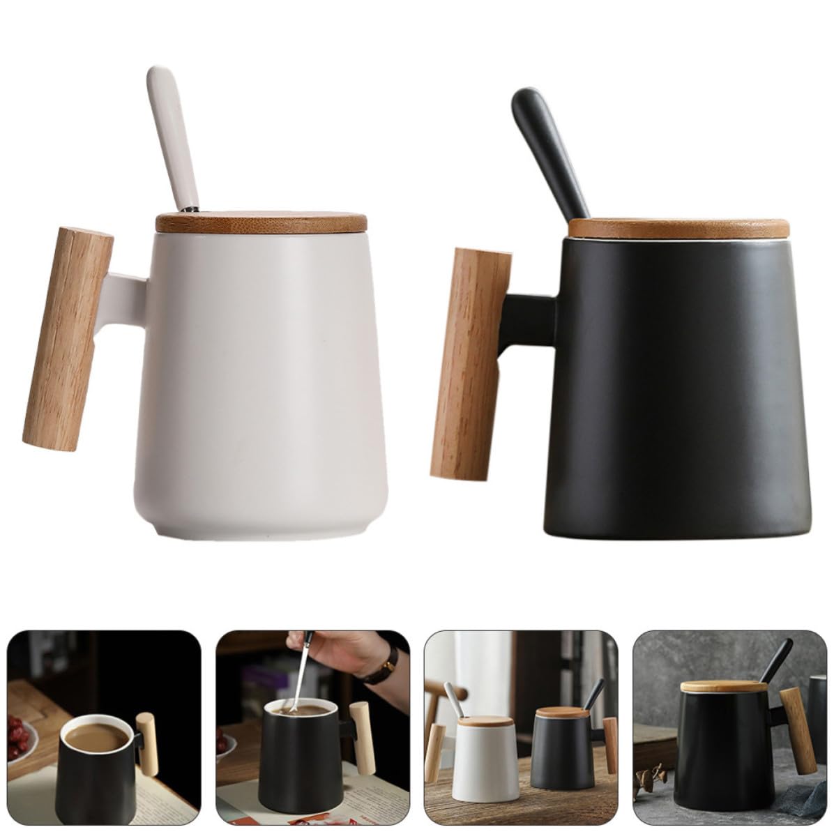 Set 2 Tazzine da Caffè in Ceramica con Coperchio in Legno e Cucchiaio, Base Piatta e Foro per Fissare Cucchiaio, per Colazione e Bevande Calde