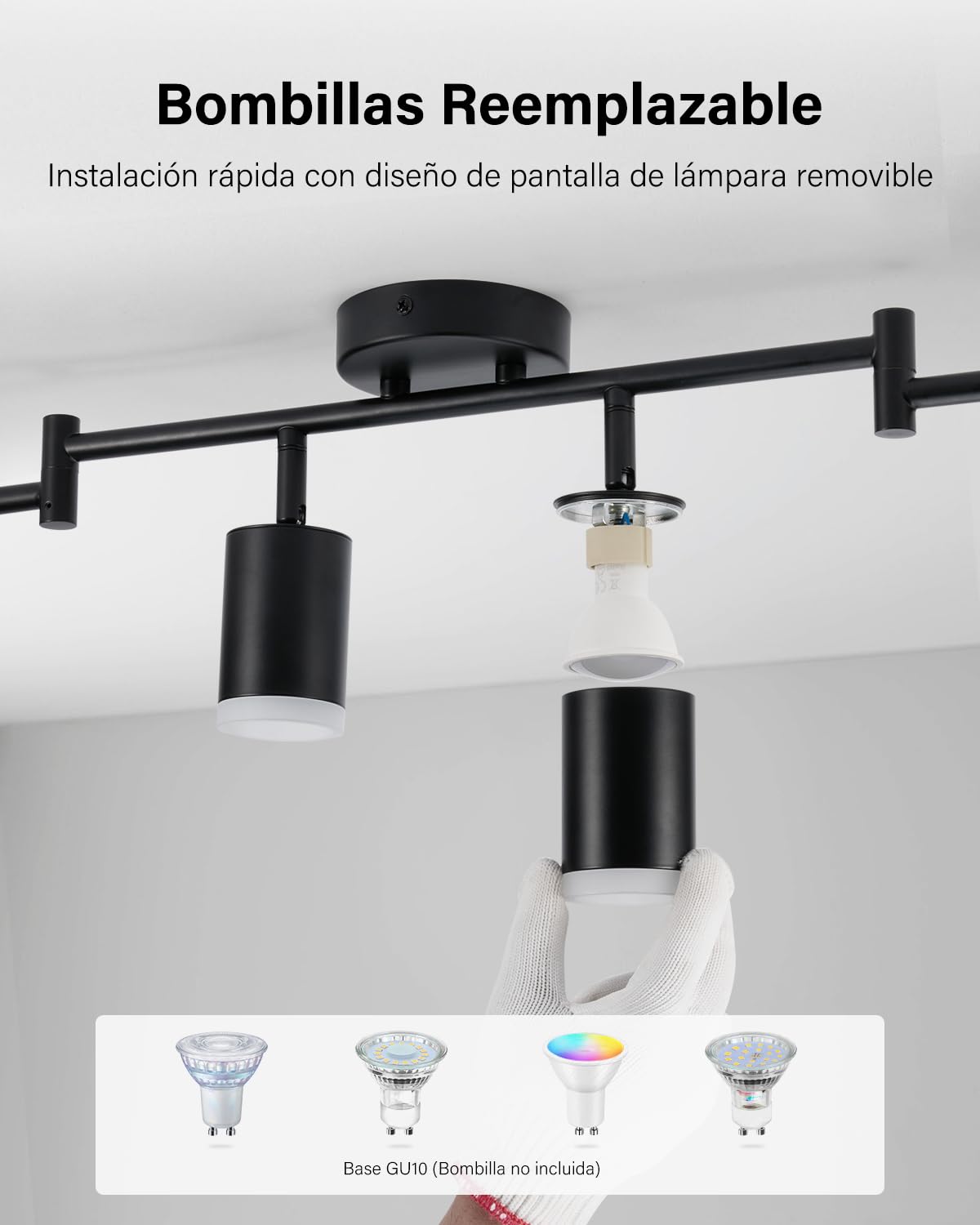 Leselux Focos LED Interior Techo Orientables, Moderno Lámpara de Techo 6 Focos Negro, Aplique Techo Interior GU10, Plafón de Techo Ajustables y Giratorios para Salon Cocina Dormitorio, Sin Bombillas