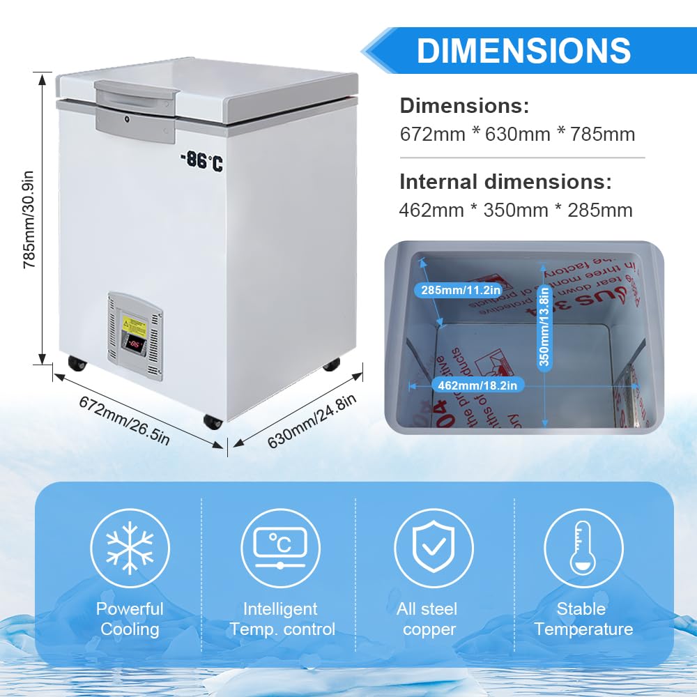 Lab Deep Freezer 50 L, -86 ℃ (-122,8 ℉), congelatore a temperatura ultra bassa, congelatore medico con ruote, frigorifero da laboratorio per lo stoccaggio, la ricerca.