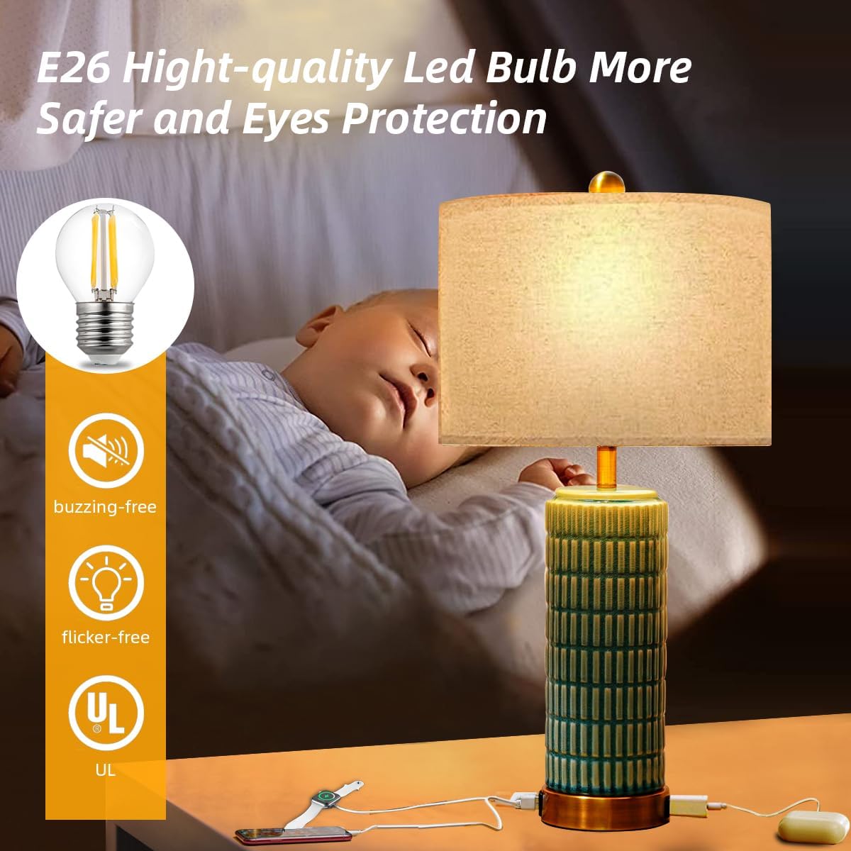 Green Ceramic Table Lamps with Charging USB Port and Outlet,3 Way Dimmable Touch Control Desk Nightstand Lights for farmhouse Bedroom Bedside Living Room entryway, LED Bulb Included, Home Decorative