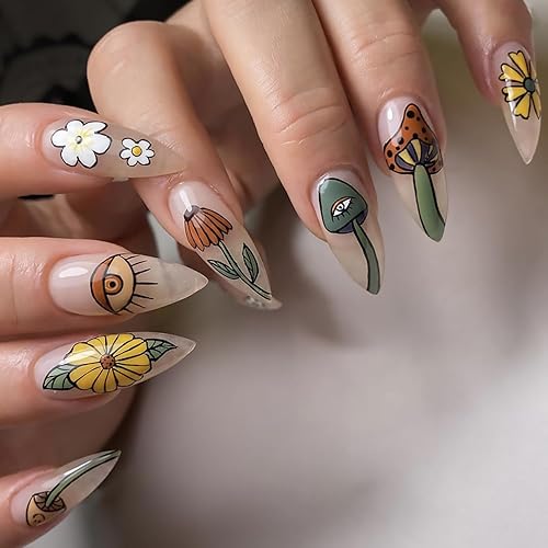 Miniatura 7 de Aurora - Uñas postizas a presión degradadas, uñas postizas largas de almendra, diseño de sol y luna brillante, uñas artificiales reutilizables de