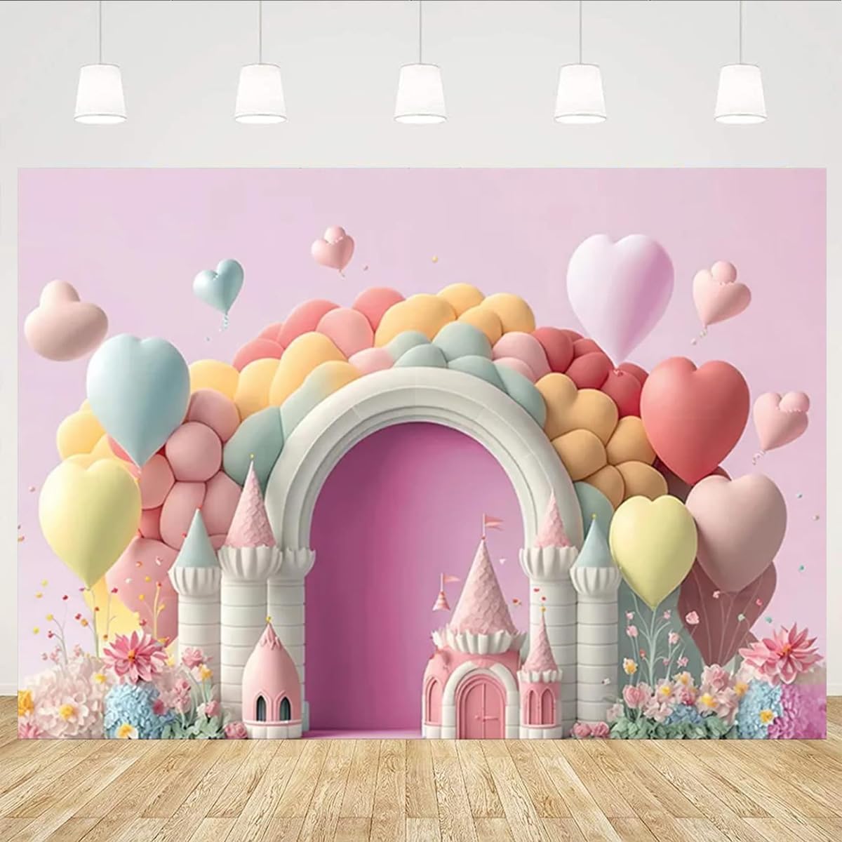 7x16ft Princess Castle Garage Door Cover - Blue Castle With Pink Flowers Outdoor Decor