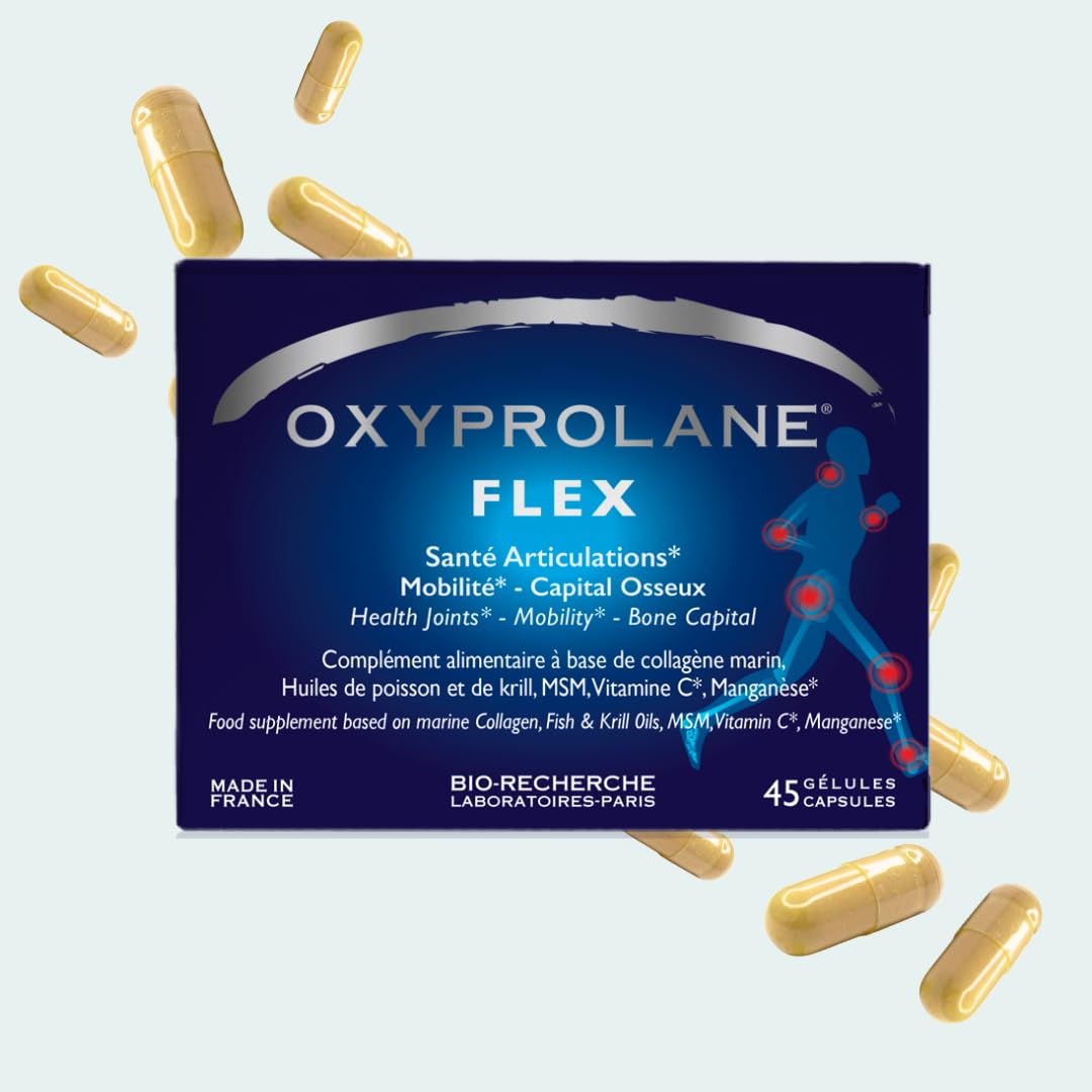 Oxyprolane® Flex • Complément Alimentaire Articulations, Capital Osseux, Arthrose • 45 gélules • Collagène Marin, MSM, Manganèse • Fabriqué en France LABORATOIRES BIO-RECHERCHE ®