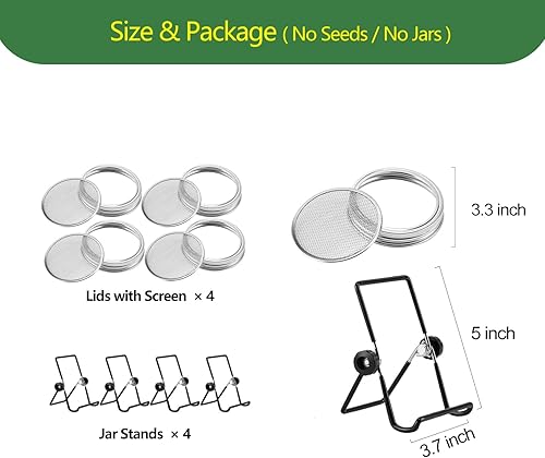 Miniatura 7 de Kit de cultivo de tapas germinadas, tapas de brote de acero inoxidable 316 para tarro Mason de boca ancha de 3.386 in con soportes ajustables,