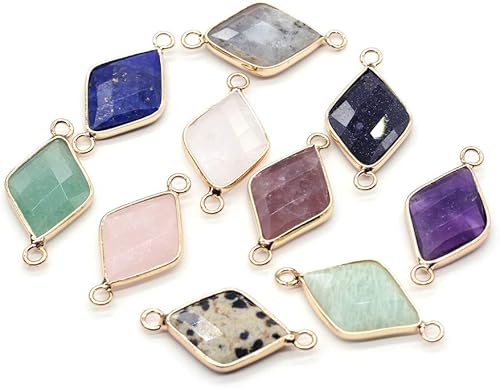 LHJ 6 piezas de conectores colgantes de piedra natural rombo, dijes de eslabones de piedra mixta, cristal de ágata para hacer joyas, collar y
