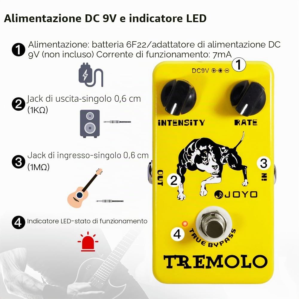 JOYO Pedale effetto tremolo Amati vecchi amplificatori Circuito tubo fotoelettrico Tremolo per effetto chitarra elettrica - True Bypass (JF-09)