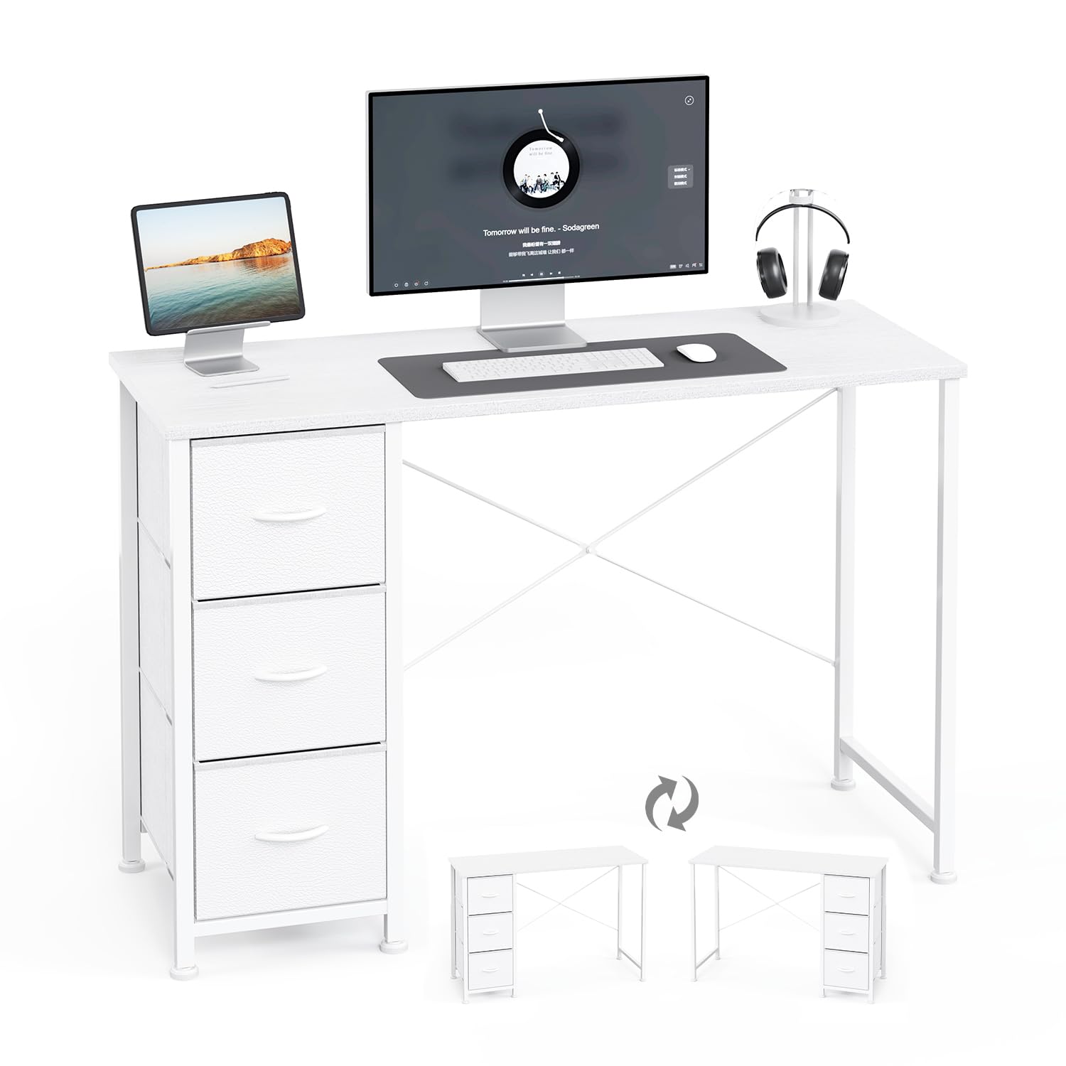 KitMent 100cm Wide Desk, Small Computer Desk with 3 Drawers, Home Office Desk with Adjustable Feet and Sturdy Frame, Simple Modern PC Table for Gaming, Study, Work, Writing, Vanity, White