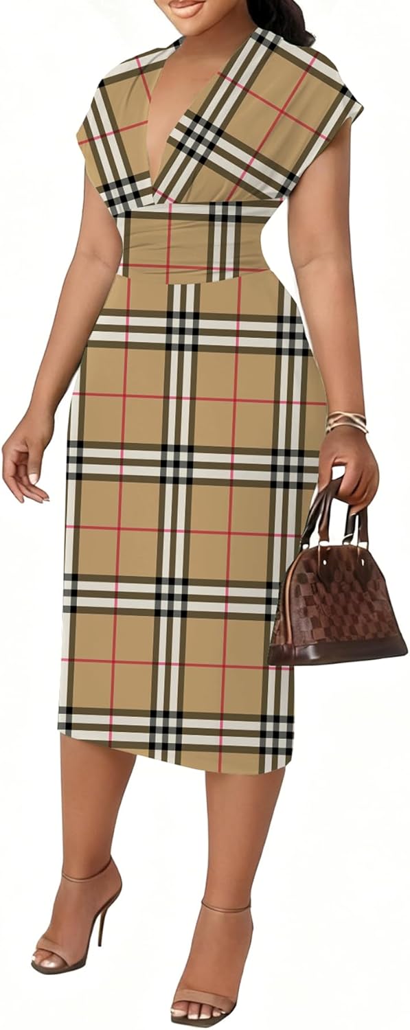 Women's Bodycon Midi Dress Deep V-Neck Cap Sleeve Ruched High Waist Stretchy Dresses for Date Nights, Parties & Work