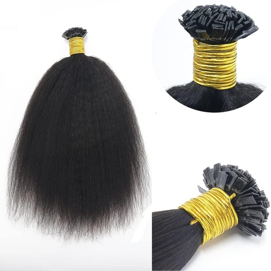Kinky Straight Flat Tip Human Hair Extension Pre Bonded Brazilian Remy Hair Coarse Italian Yaki Flat Tipped Keratin Fusion Hair Extension 100g 100Pieces (28inch 100pieces, #Natural Black)