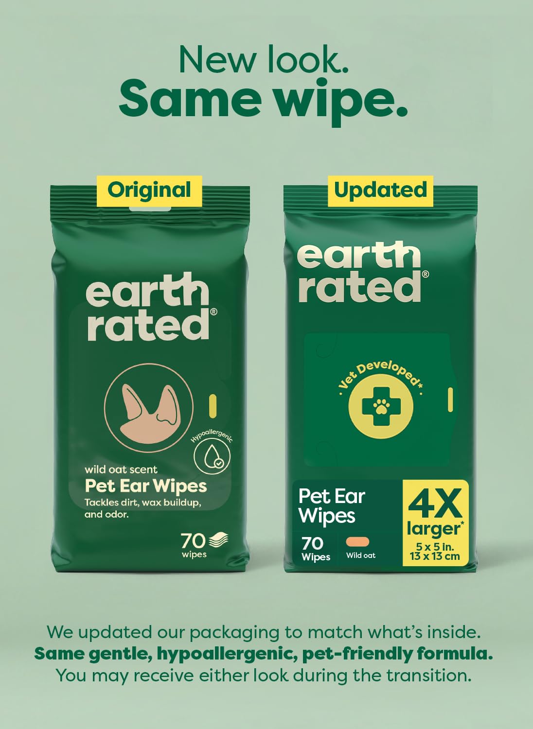 Earth Rated Vet-Developed Pet Ear Wipes, Hypoallergenic Cleaner for Dogs & Cats Ears to Remove Dirt and Wax Build Up, Wild Oat Scent, 70 Count