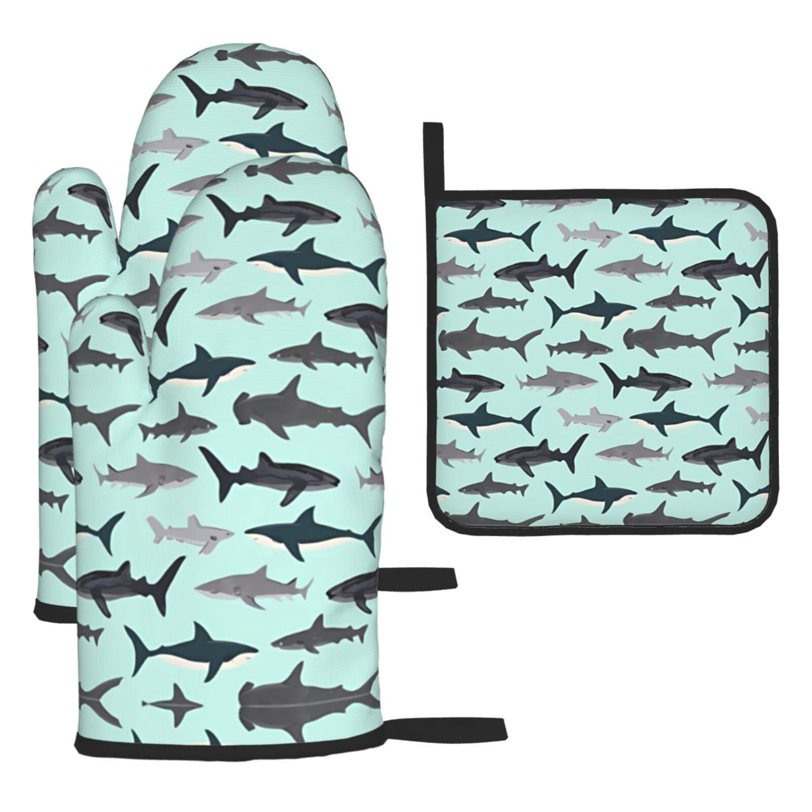 Chrysm Women's Cartoon Sharks Oven Mitts And Potholders Bbq Gloves And Holders For Cooking Baking (3-Piece Set)