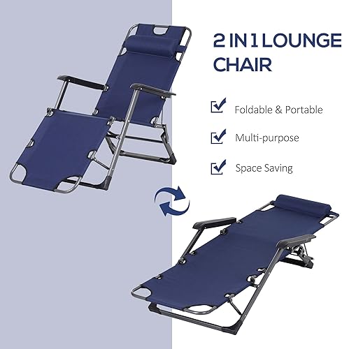 Miniatura 5 de Outsunny Tumbona plegable para exterior, silla de bronceado 2 en 1 con almohada y bolsillo, silla de piscina ajustable para playa, patio, césped,