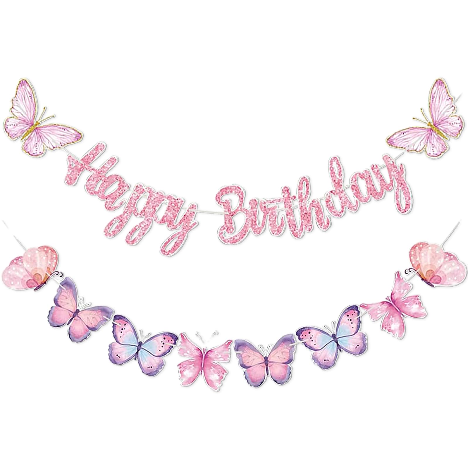 FrostyFlair Happy Birthday Garland, 2 Pieces Pink 63" x 23.6" Butterfly Birthday Decoration, Birthday Banner Girls