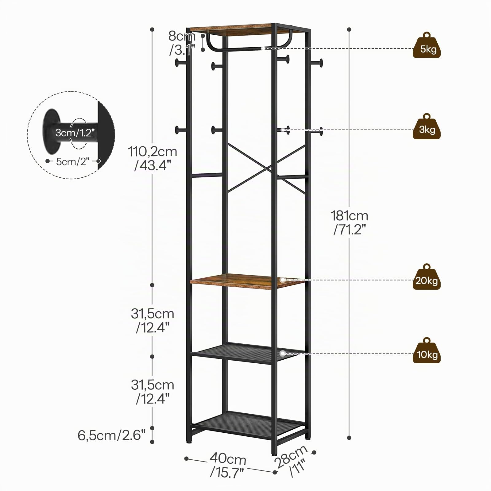 HOOBRO Perchero independiente con 3 estantes y 8 ganchos, perchero para dormitorio, 40 x 28 x 181 cm, para entrada, industrial, marrón rústico y negro EBF04YM01