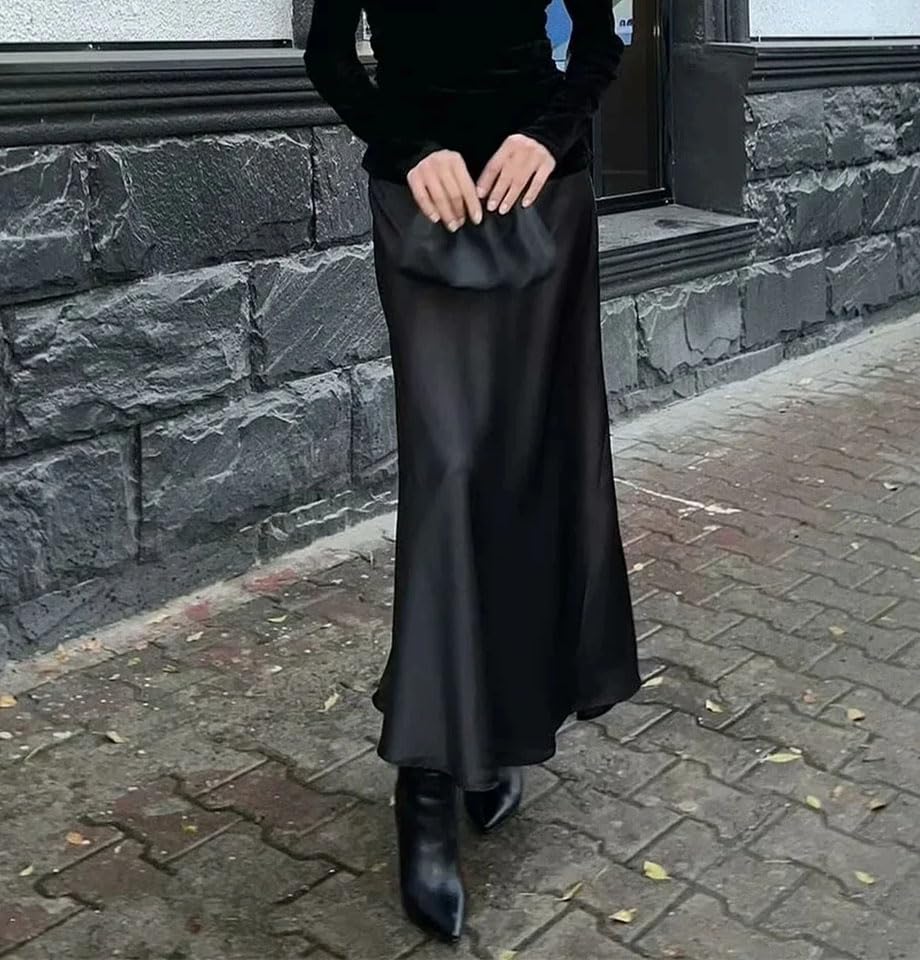 Women's Maxi Skirts Vintage Satin Office Elastic Waist High Waist Wedding Long Skirts4